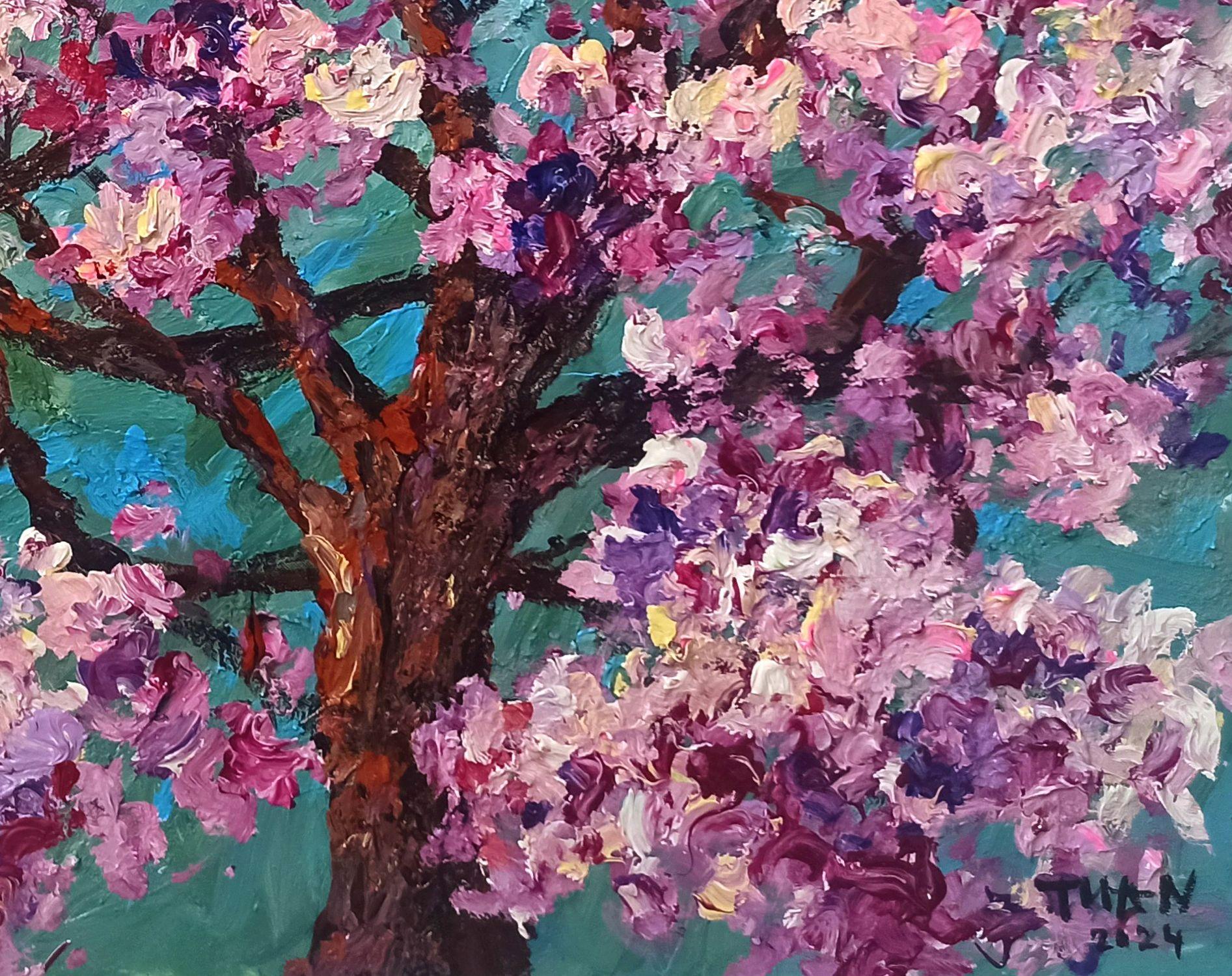 Dans cette danse passionnée de couleurs et de textures, j'ai capturé la beauté fugace de la floraison de la nature. Canalisant l'esprit de l'expressionnisme et de l'impressionnisme, mes coups de pinceau sont vifs, imprégnant l'espace d'une énergie