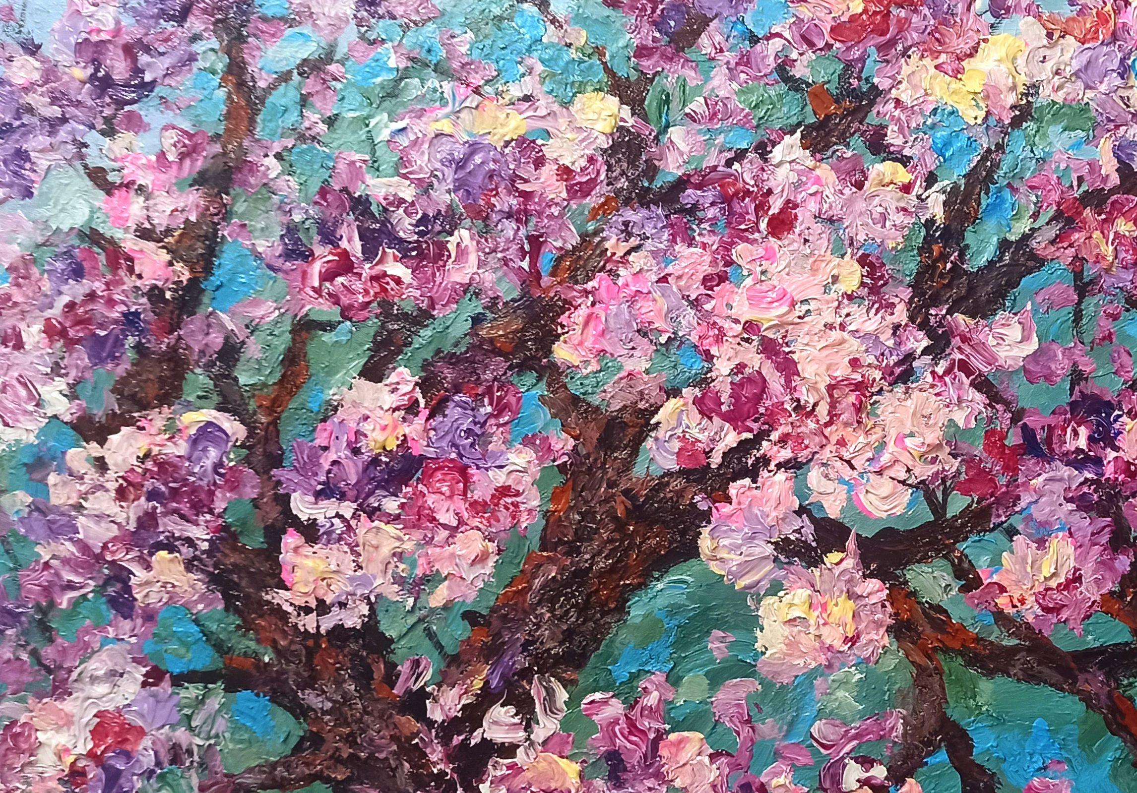 Fleur de pêcher, peinture, acrylique sur toile en vente 1