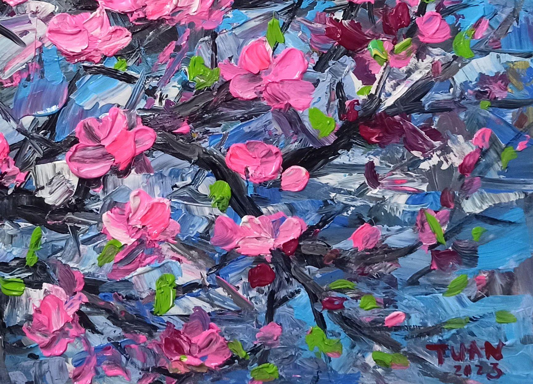 Pfirsichblüte, Malerei, Acryl auf Leinwand im Angebot 1