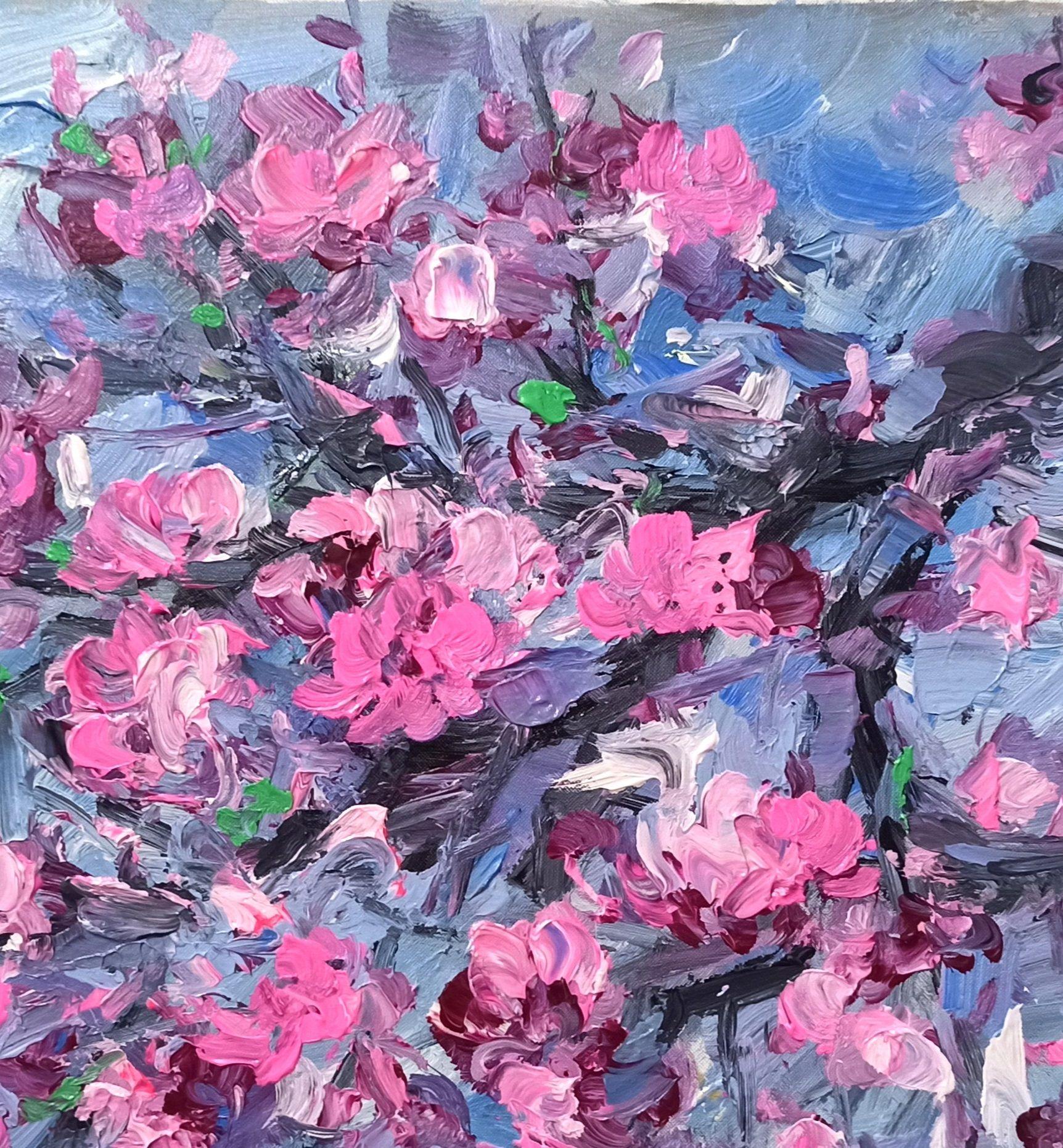 Fleur de pêcher, peinture, acrylique sur toile en vente 1