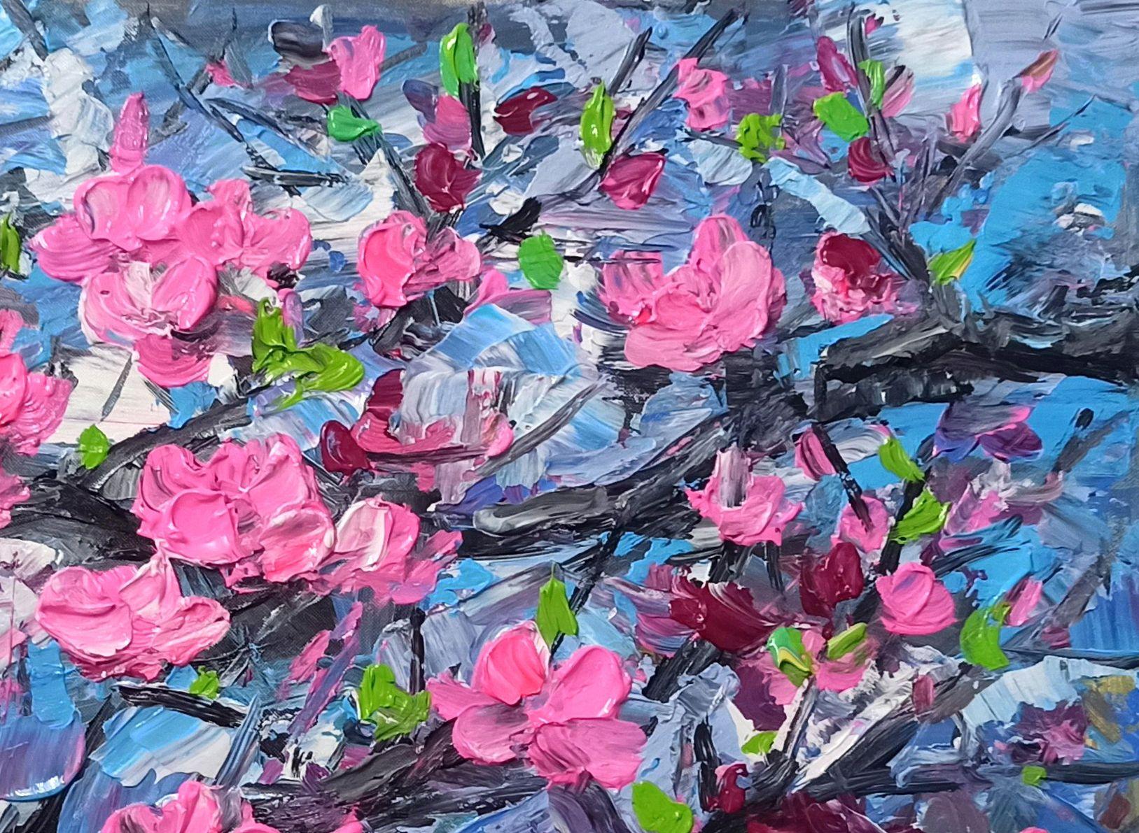 Pfirsichblüte, Malerei, Acryl auf Leinwand im Angebot 2