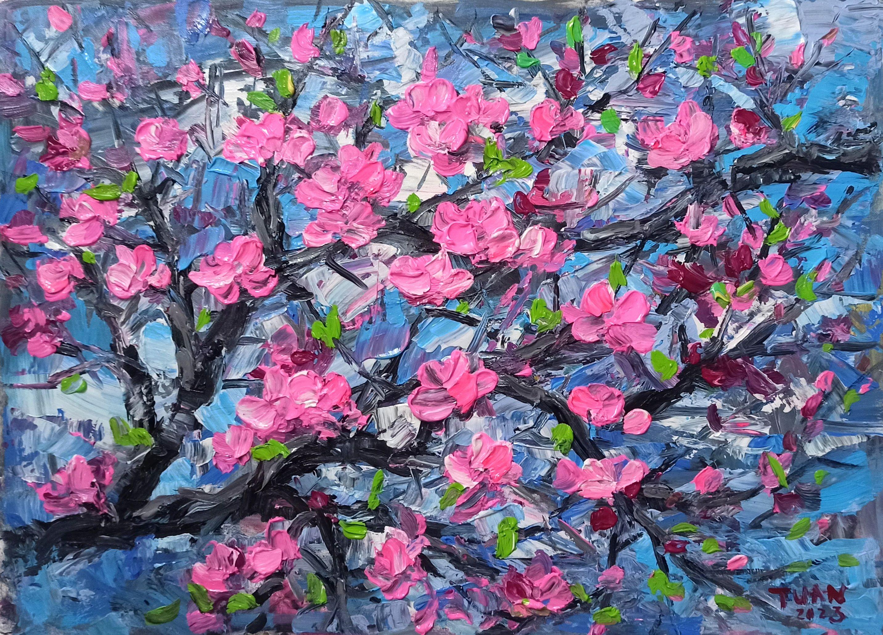 Fleur de pêcher, peinture, acrylique sur toile