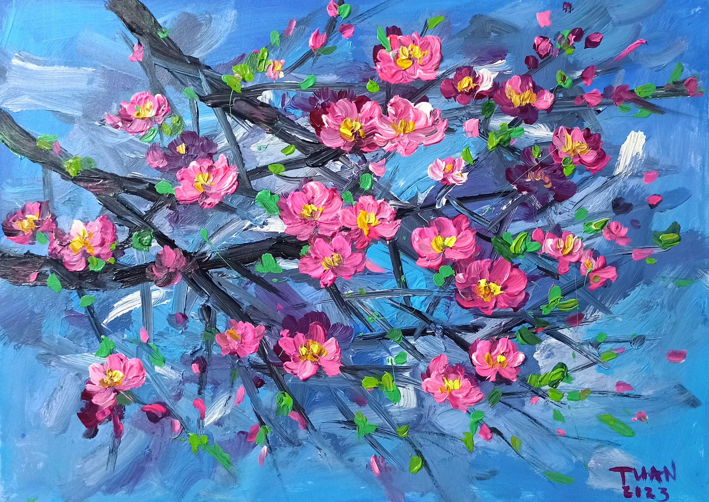 Fleur de pêcher, peinture, acrylique sur toile