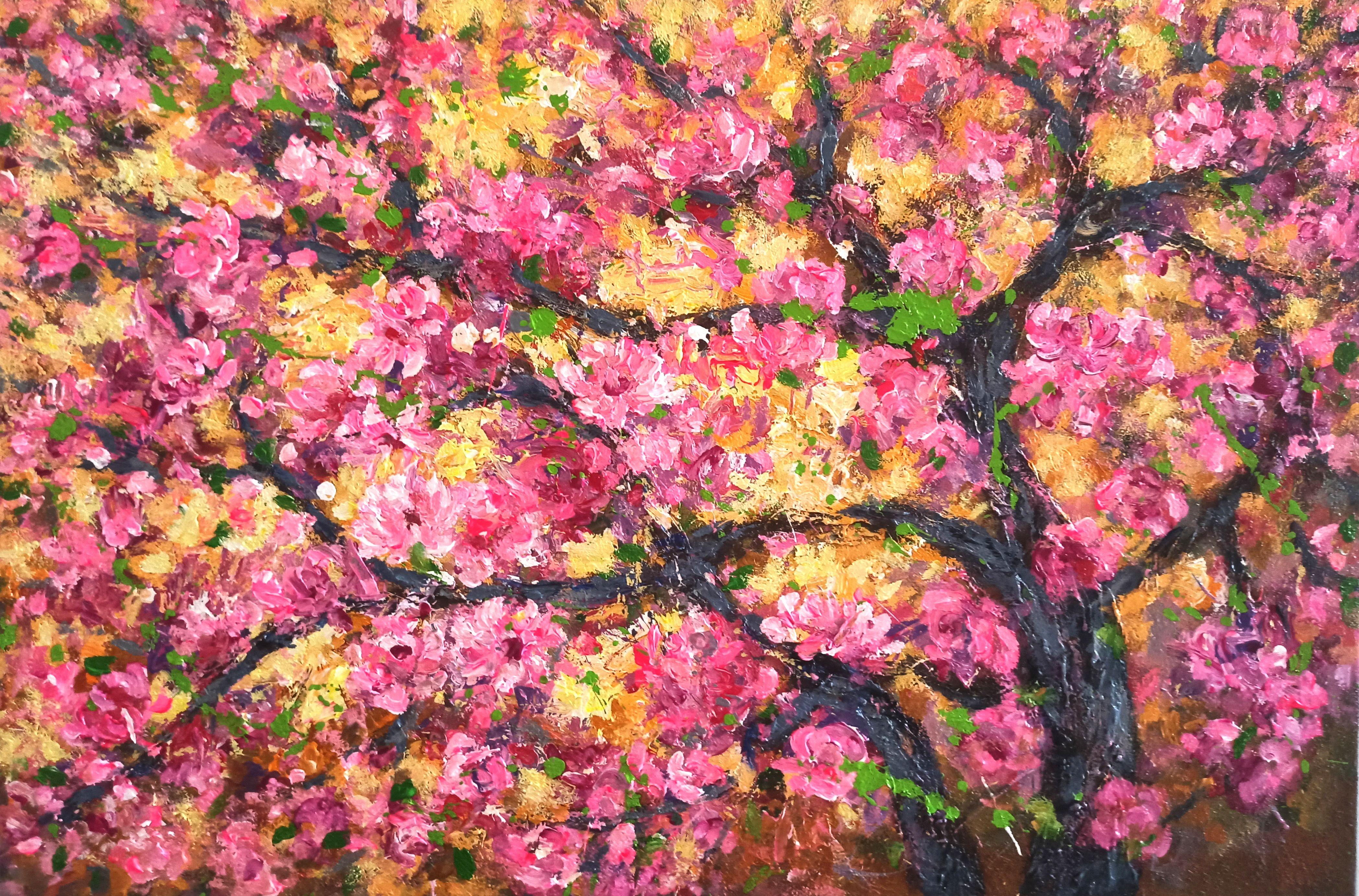 Peach blossoms bloom in spring, Painting, Acrylic on Canvas For Sale 1
