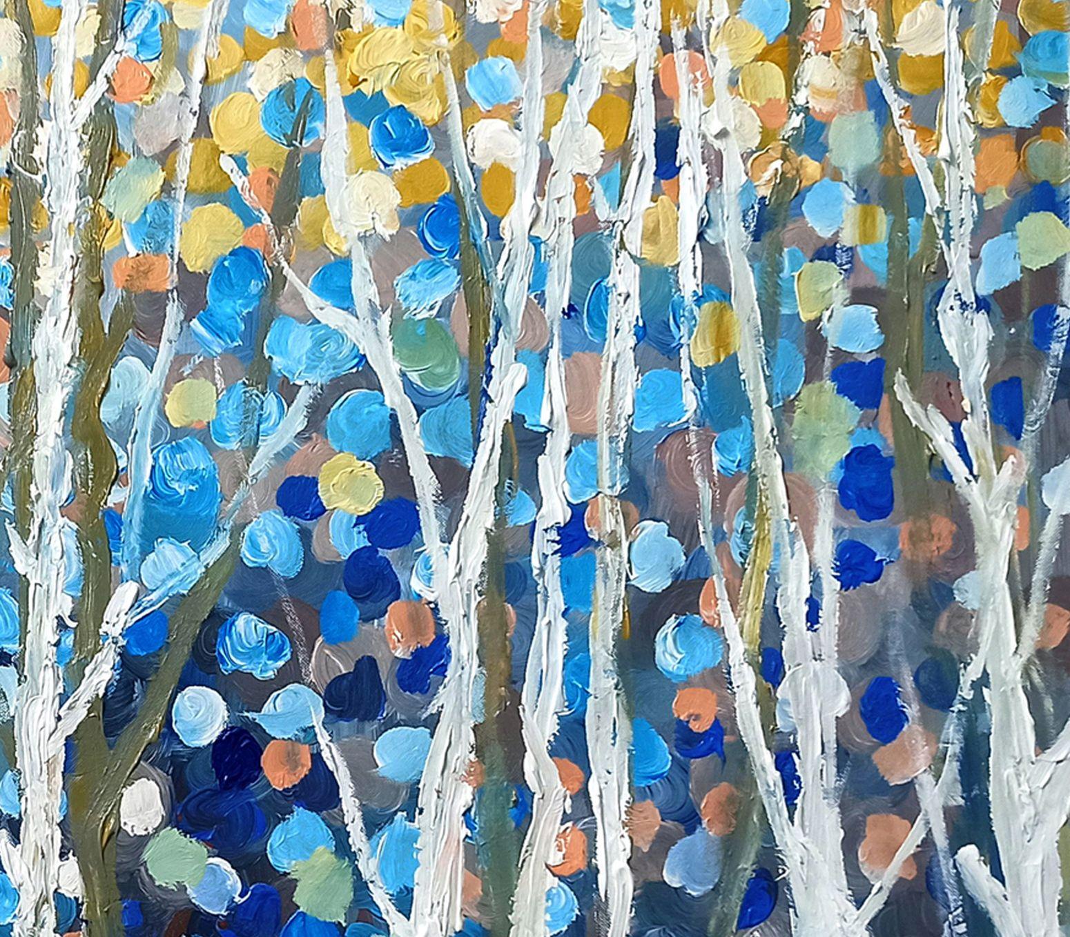   In diesem Werk habe ich die Erneuerung der Natur aufgegriffen und die vibrierende Vitalität des Frühlings mit meinem Pinsel zum Ausdruck gebracht. Mit Acrylfarben habe ich Farbtöne und Texturen übereinander gelegt, um die blühende Energie zu