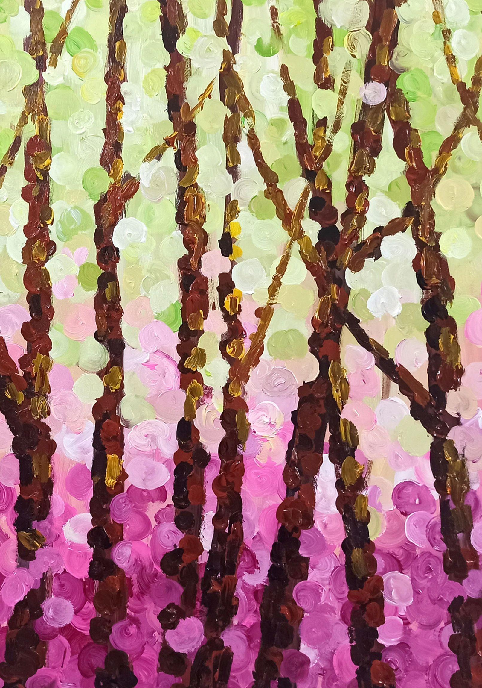   In diesem Werk habe ich die Erneuerung der Natur aufgegriffen und die vibrierende Vitalität des Frühlings mit meinem Pinsel zum Ausdruck gebracht. Mit Acrylfarben habe ich Farbtöne und Texturen übereinander gelegt, um die blühende Energie zu