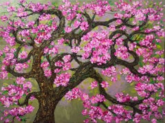 Peinture représentant une fleur de pêche au printemps, acrylique sur toile
