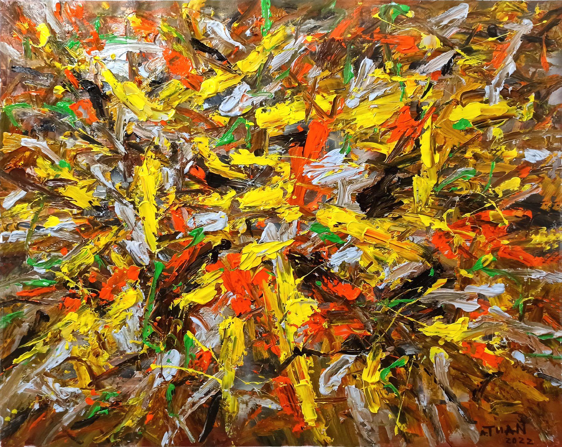 Das Gefühl des Herbstes, wenn die gelben Blätter fallen, Gemälde, Acryl auf Leinwand