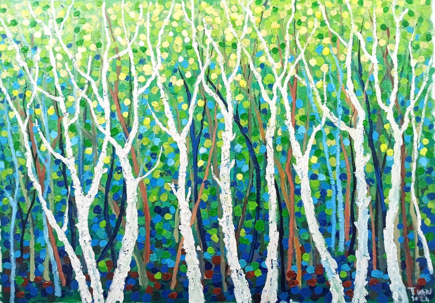 Landschaft mit Bäumen, Gemälde, Acryl auf Leinwand