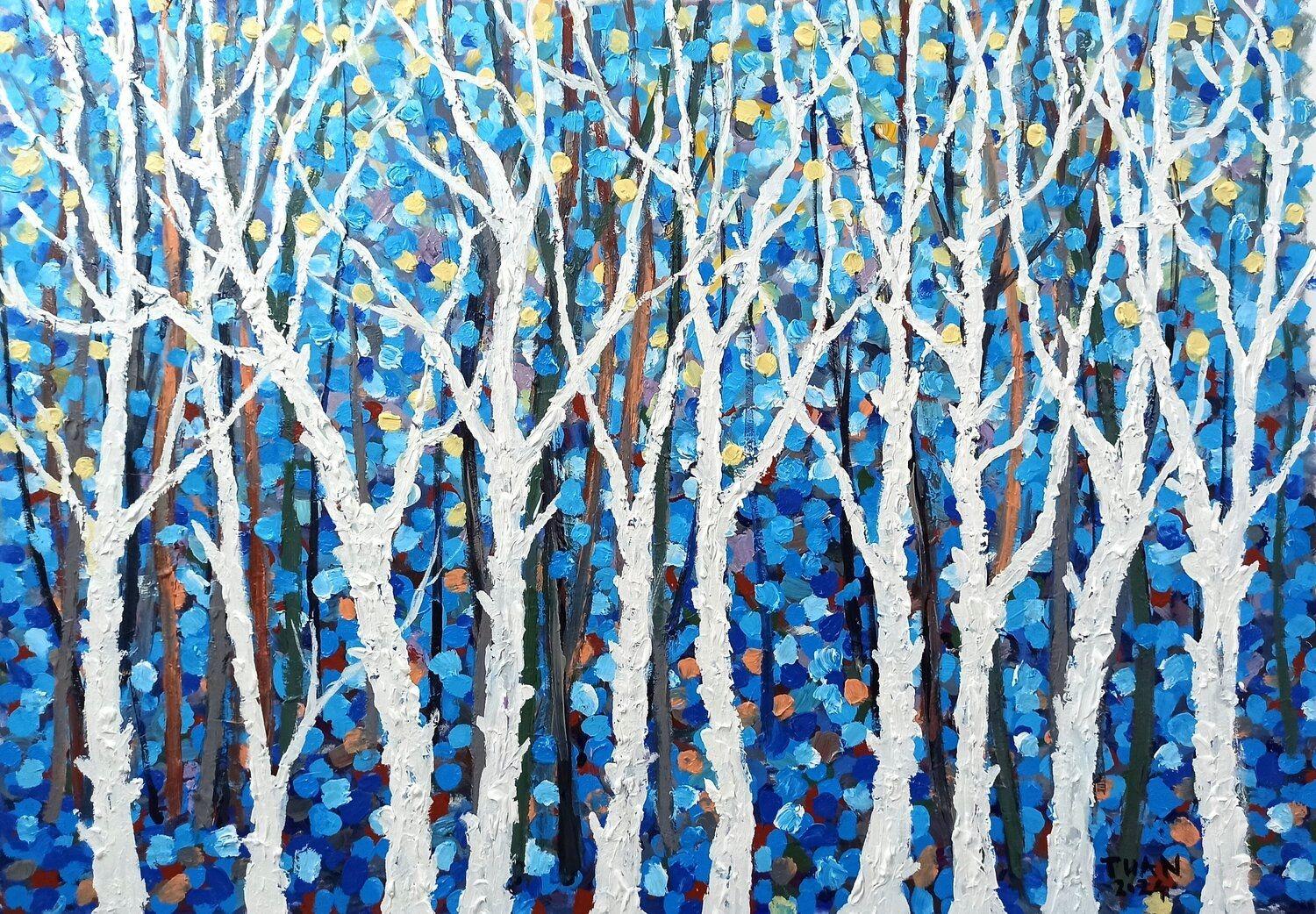 Landschaft mit Bäumen, Gemälde, Acryl auf Glas