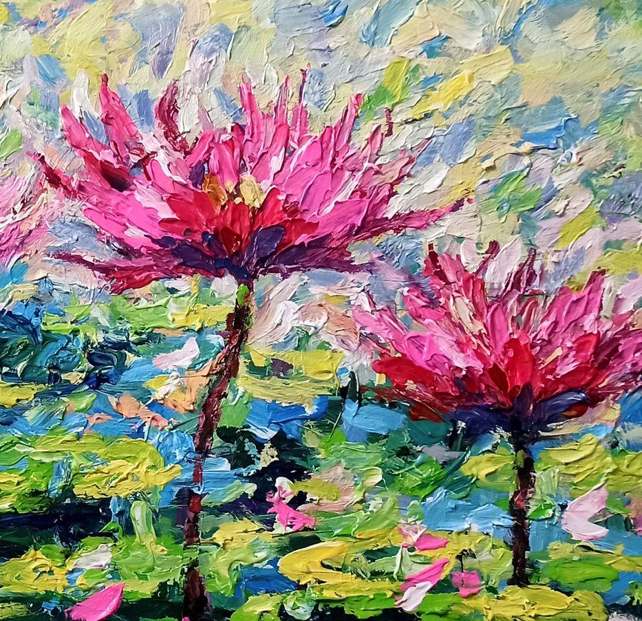 Water Lilies( 80x120cm morning in the lake), Painting, Acrylic on Canvas For Sale 2