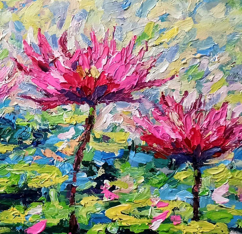 Wasserlilien (80x120cm Morgen im See), Gemälde, Acryl auf Leinwand (Impressionismus), Painting, von LE ANH TUAN