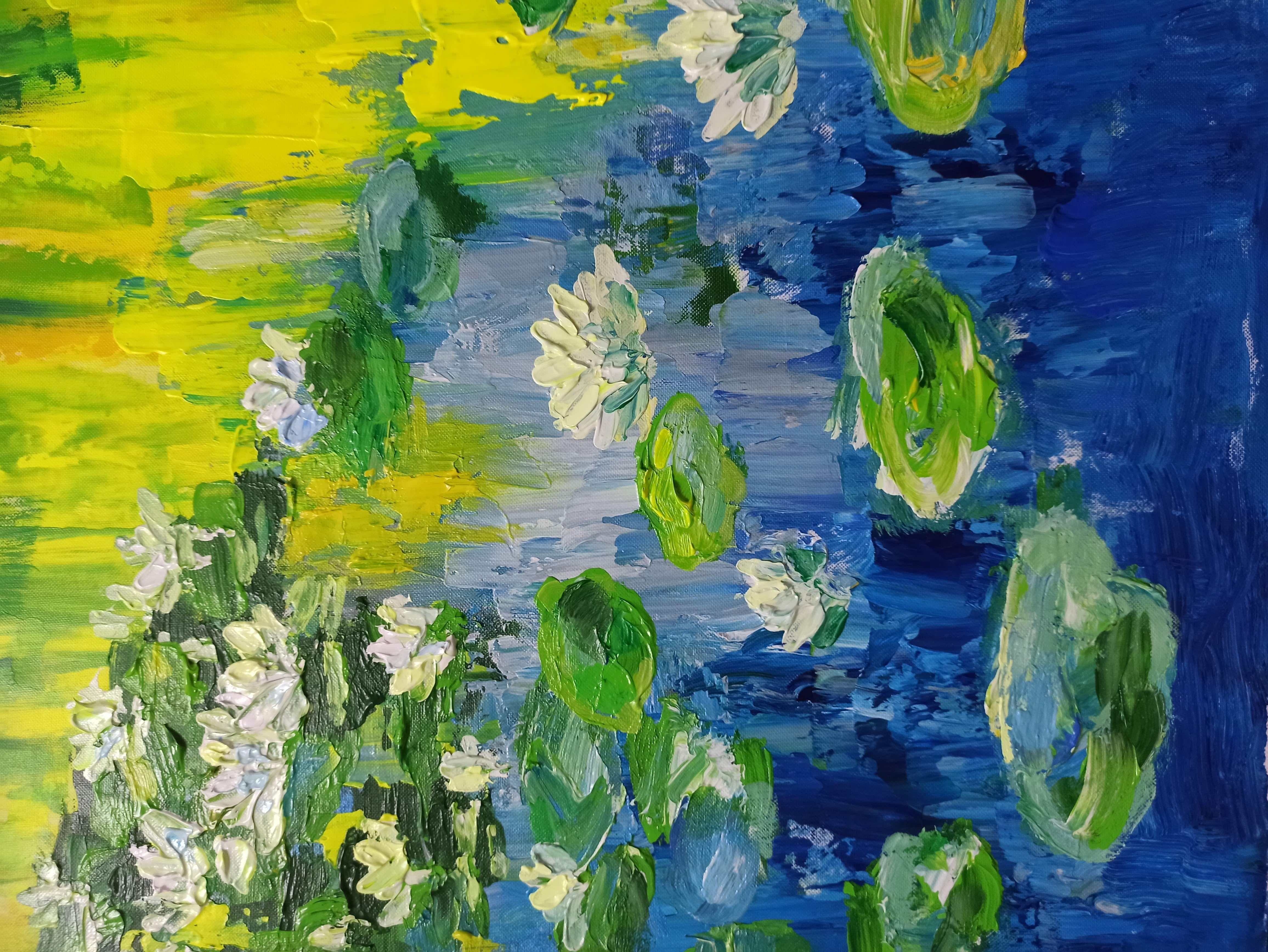 Water Lilies( 80x120cm morning in the lake), Painting, Acrylic on Canvas For Sale 3