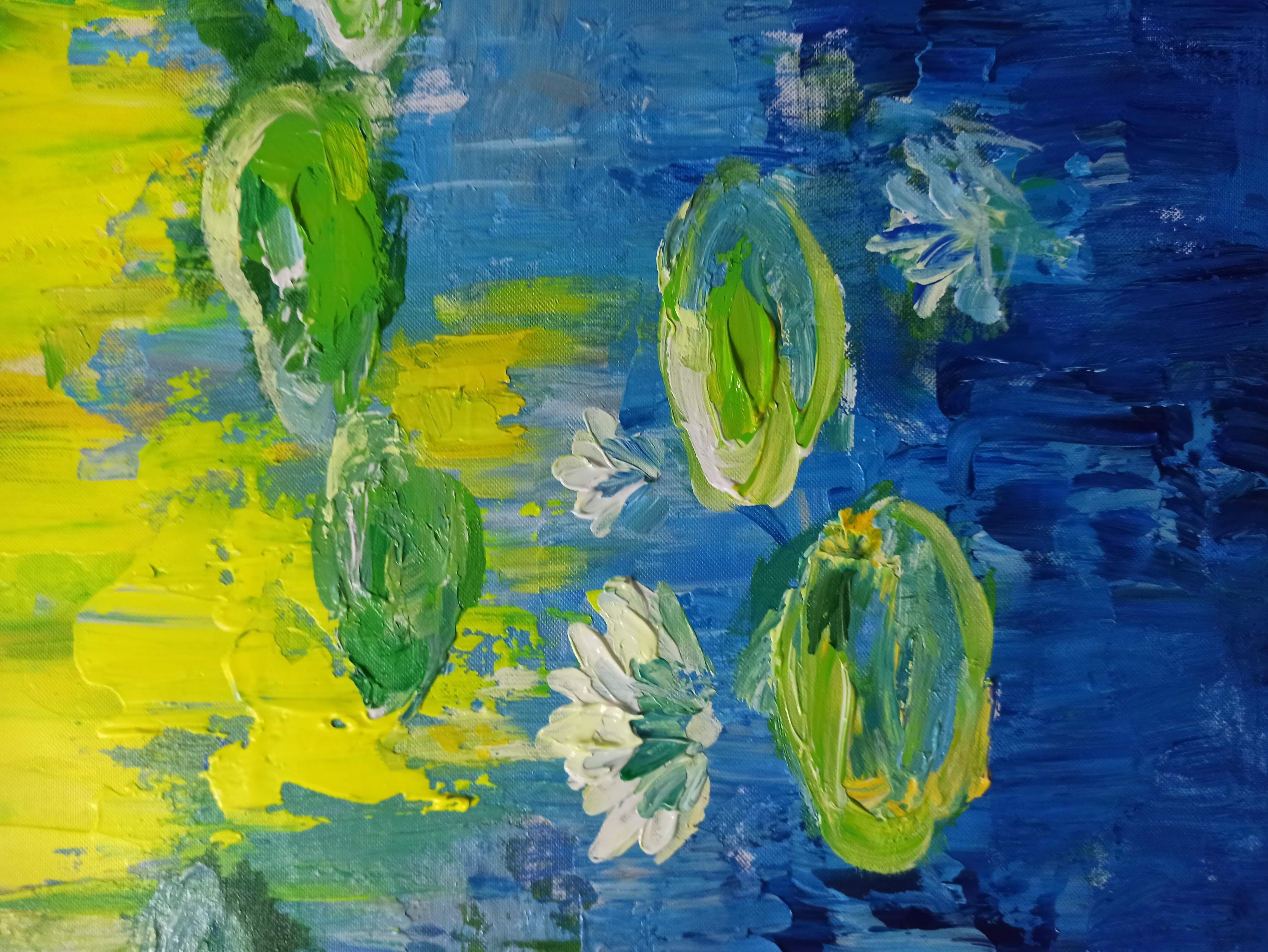 Water Lilies( 80x120cm morning in the lake), Painting, Acrylic on Canvas For Sale 4