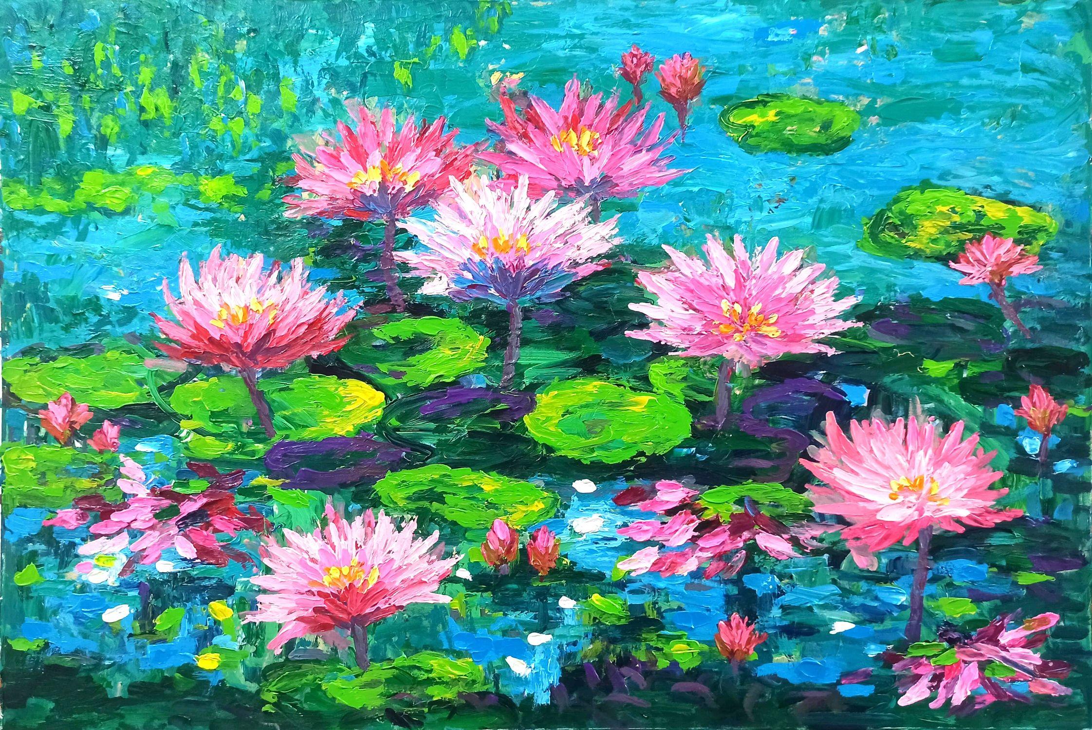 Wasserlilien (80x120cm Morgen im See), Gemälde, Acryl auf Leinwand