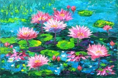 Water Lilies( 80x120cm morning in the lake), Painting, Acrylic on Canvas