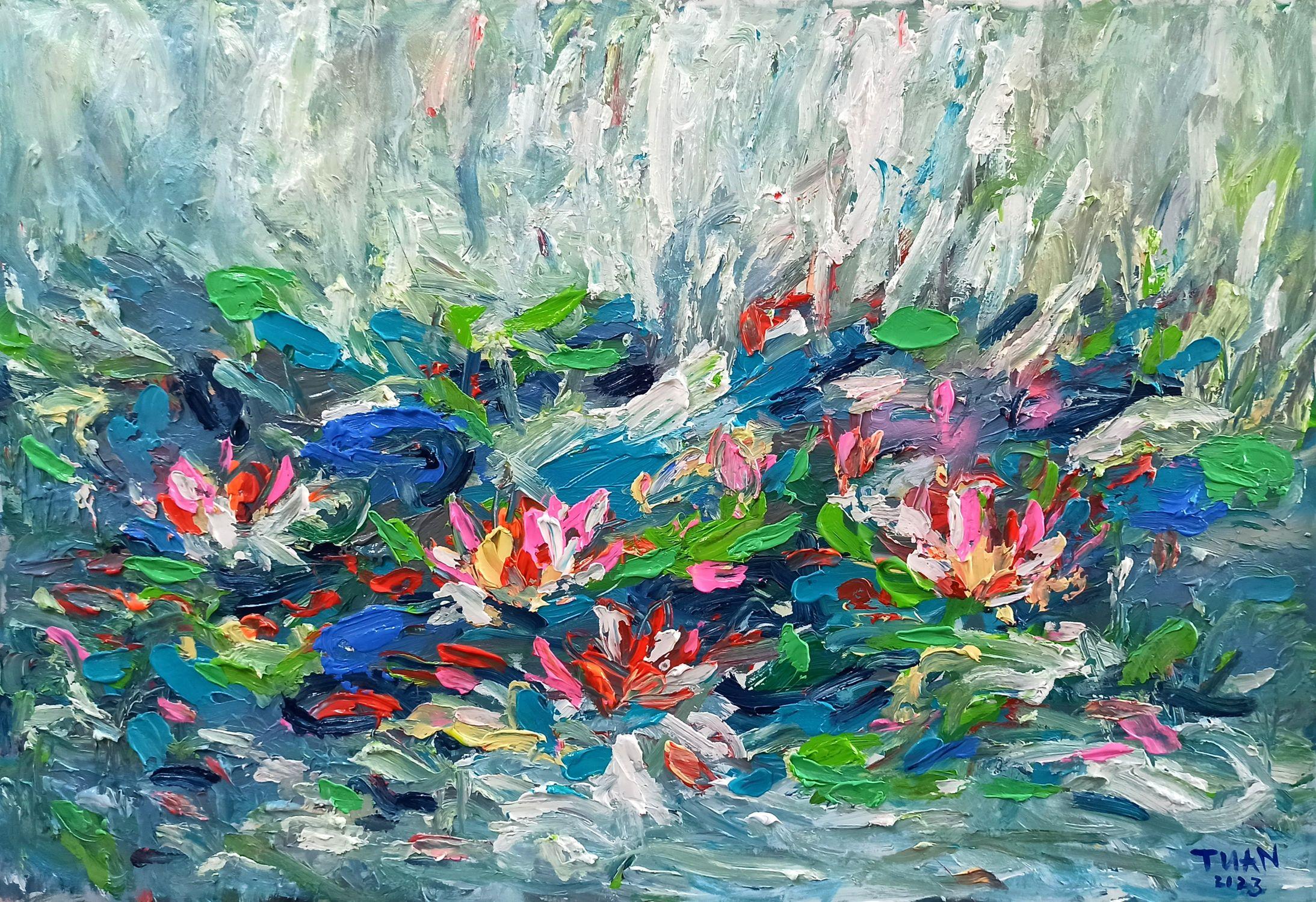 Wasserlilien (80x120cm Morgen im See), Gemälde, Acryl auf Leinwand – Painting von LE ANH TUAN