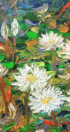 Water lilies shine on the surface of the lake, Painting, Acrylic on Canvas