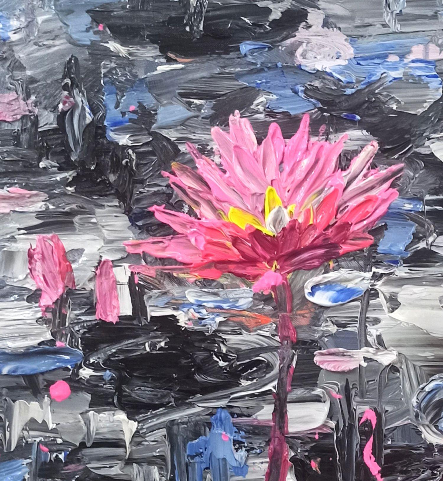 Water lilies shine on the surface of the lake, Painting, Acrylic on Canvas For Sale 1
