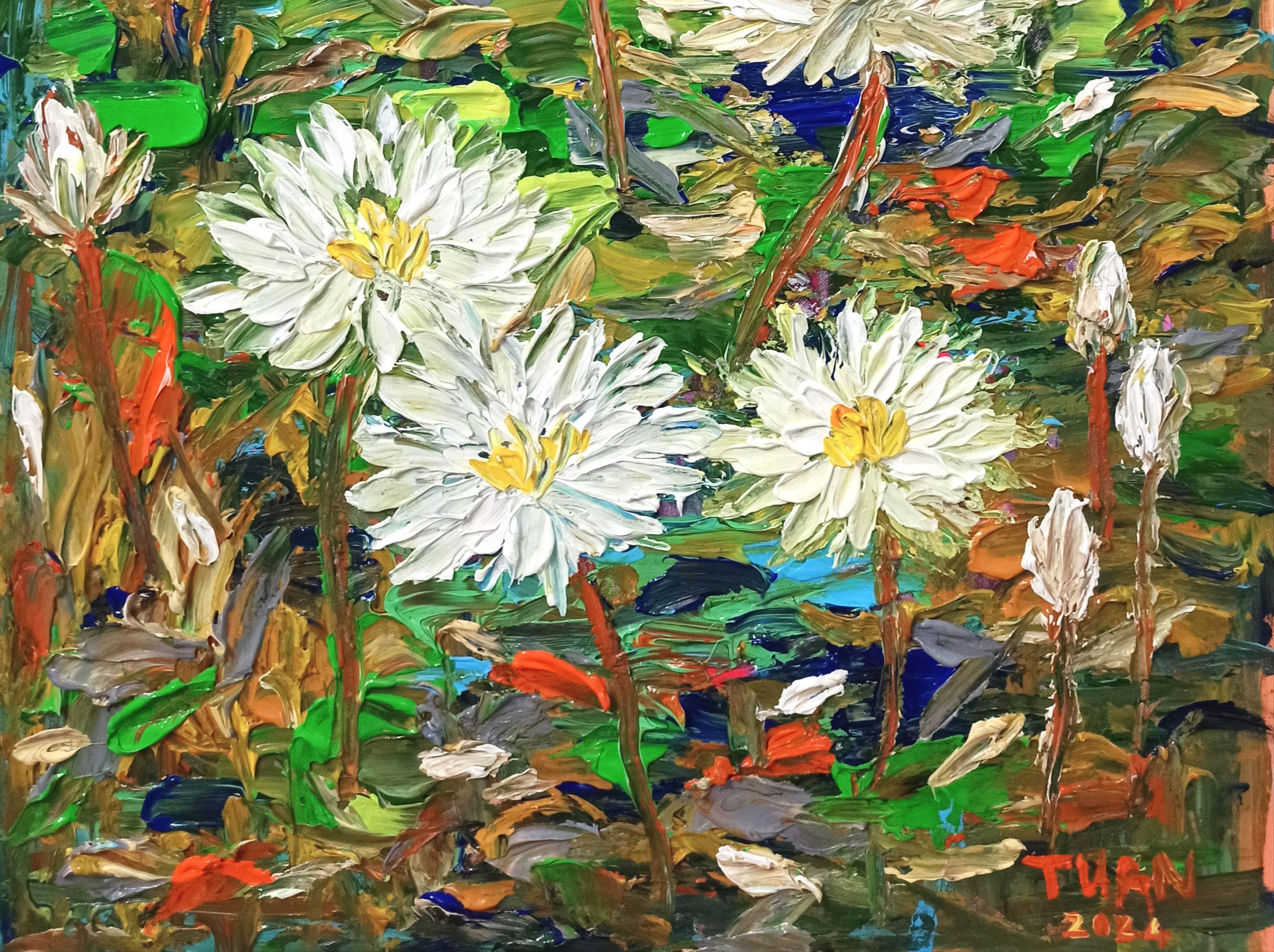 Bei der Gestaltung dieses Werks habe ich mich von der Vitalität der Natur inspirieren lassen, von der Ruhe der Seerosen, die auf einem pulsierenden See ruhen. Mit ausdrucksstarken Pinselstrichen und einer halb abstrakten Herangehensweise habe ich
