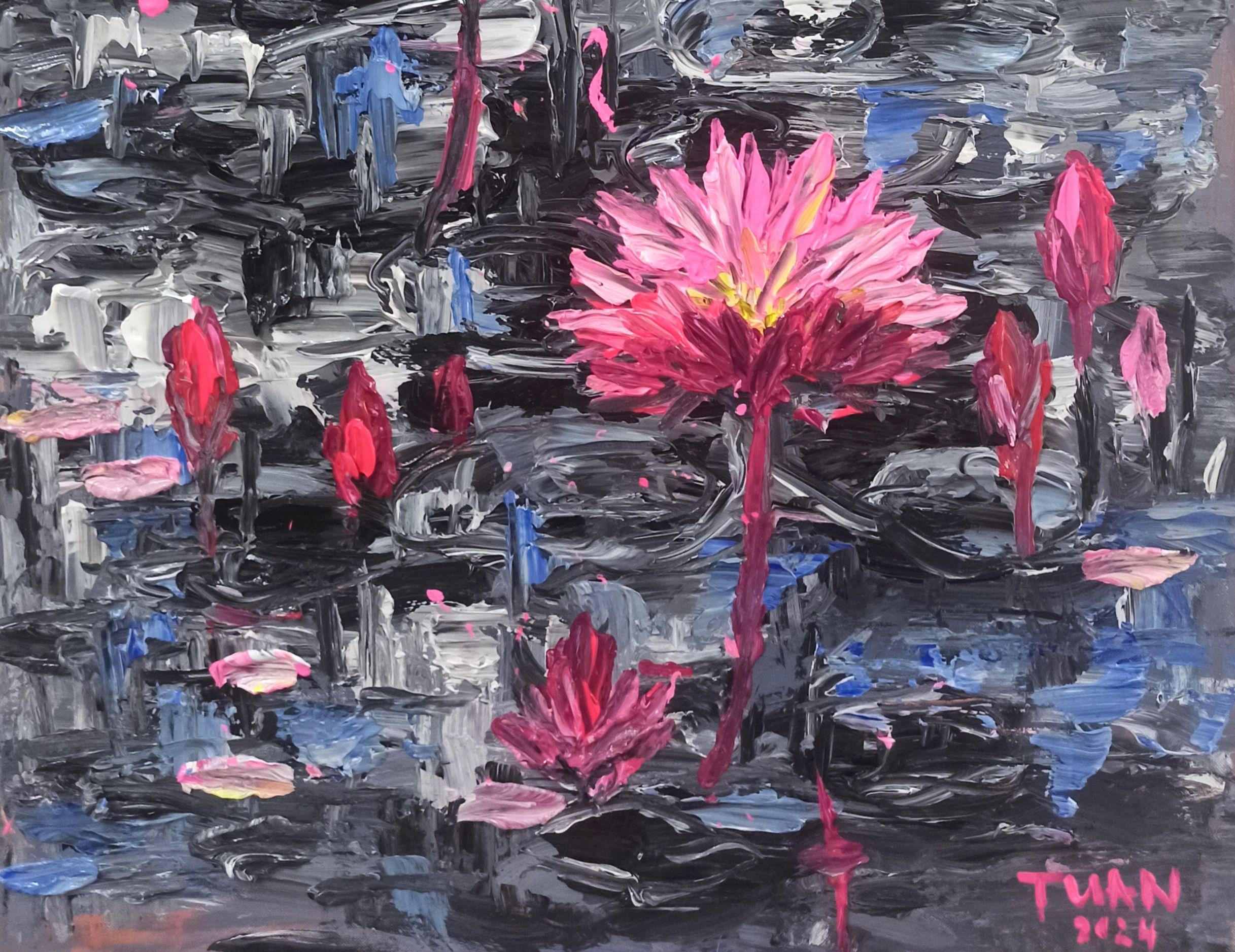 Water lilies shine on the surface of the lake, Painting, Acrylic on Canvas For Sale 2