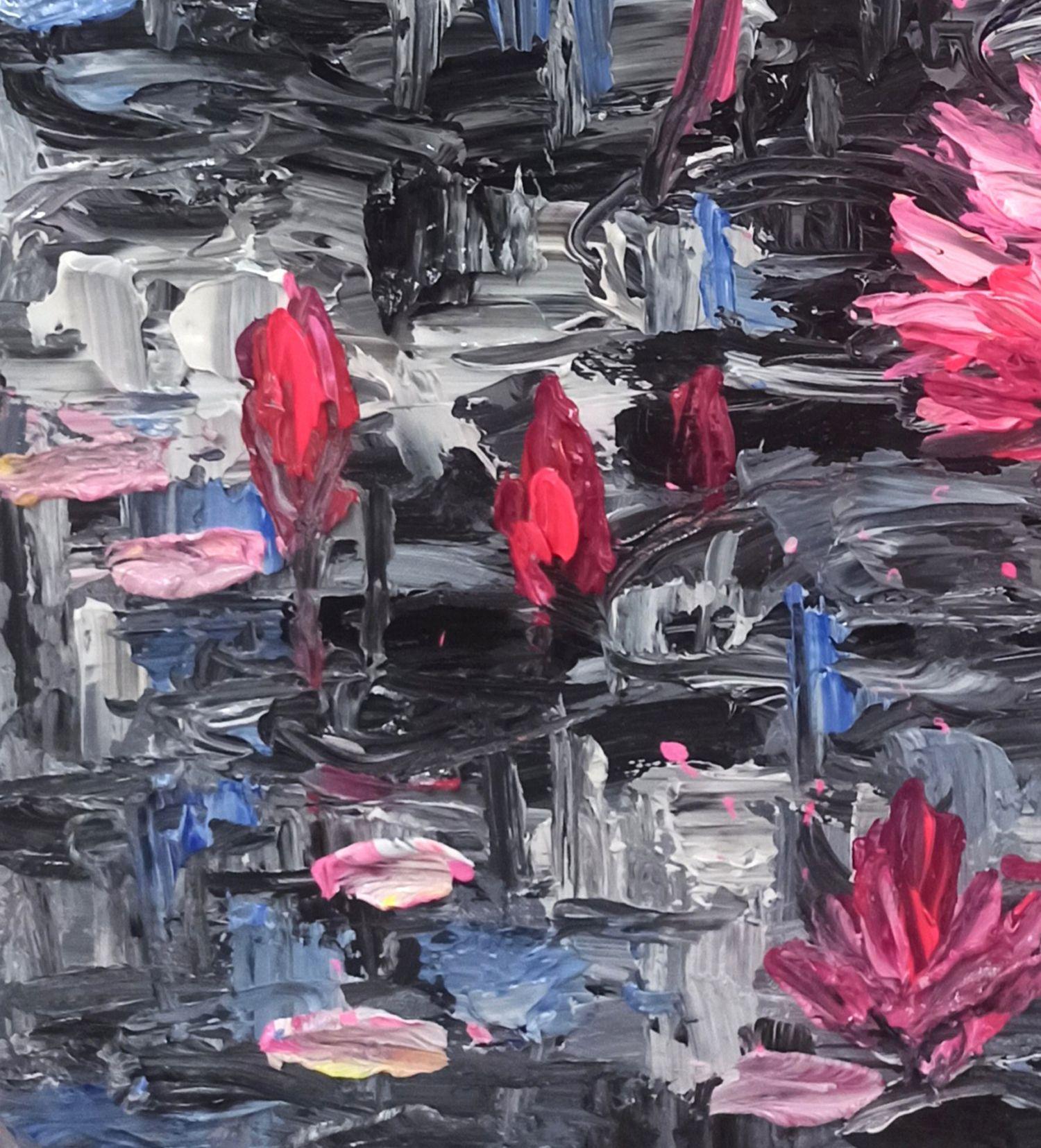 Water lilies shine on the surface of the lake, Painting, Acrylic on Canvas For Sale 3