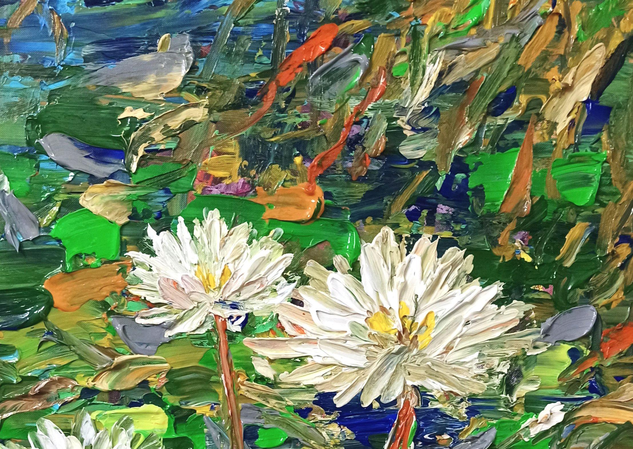 Wasserlilien glänzen auf der Oberfläche des Sees, Gemälde, Acryl auf Leinwand im Angebot 2