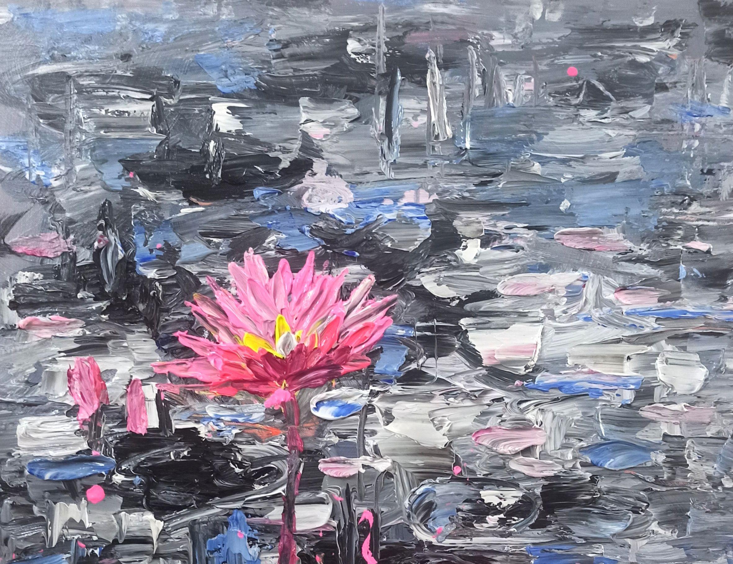 Water lilies shine on the surface of the lake, Painting, Acrylic on Canvas For Sale 4