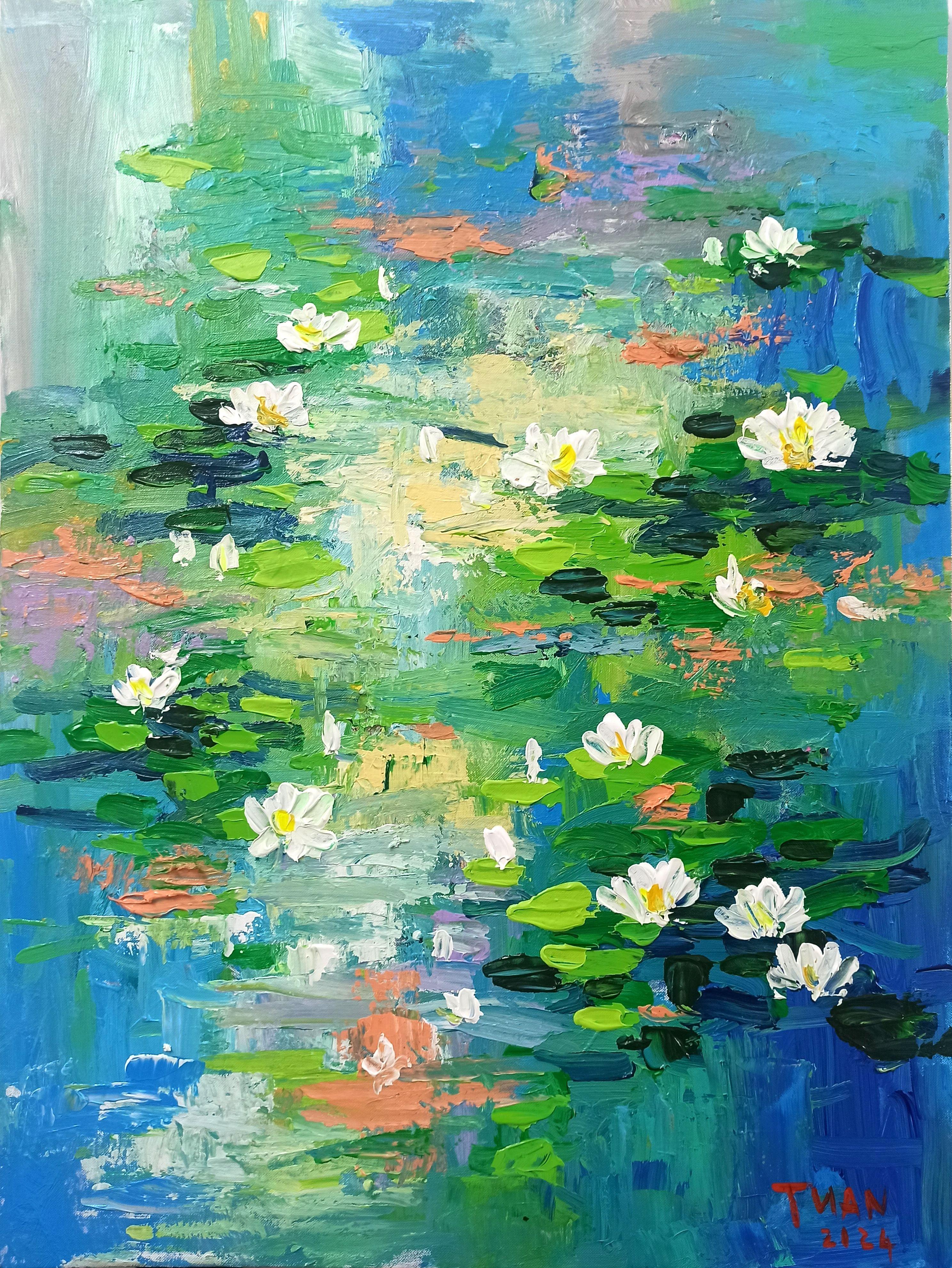 Water lilies shine on the surface of the lake, Painting, Acrylic on Canvas