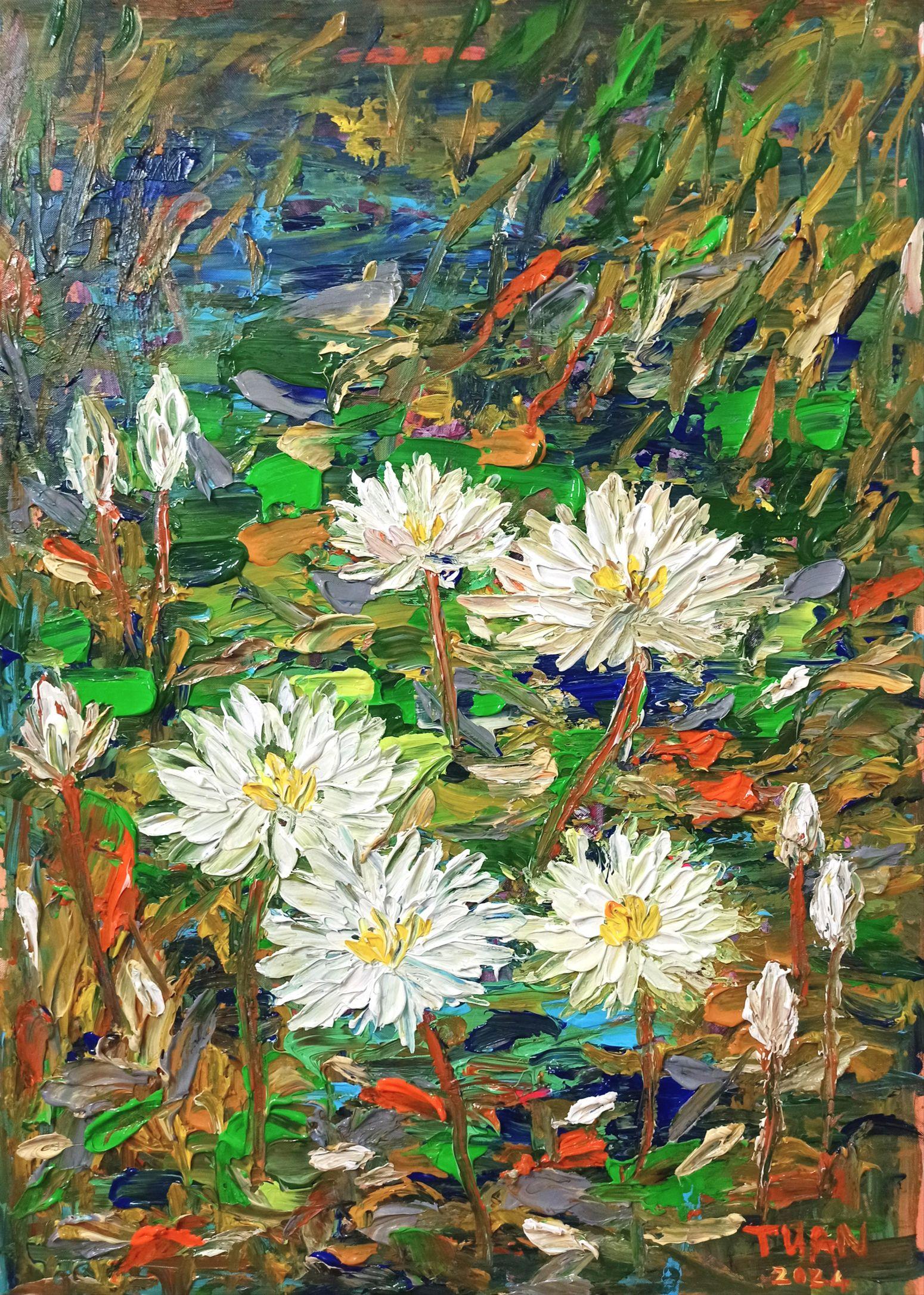 Water lilies shine on the surface of the lake, Painting, Acrylic on Canvas