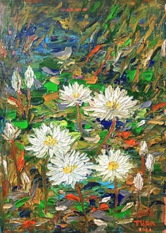 Water lilies shine on the surface of the lake, Painting, Acrylic on Canvas
