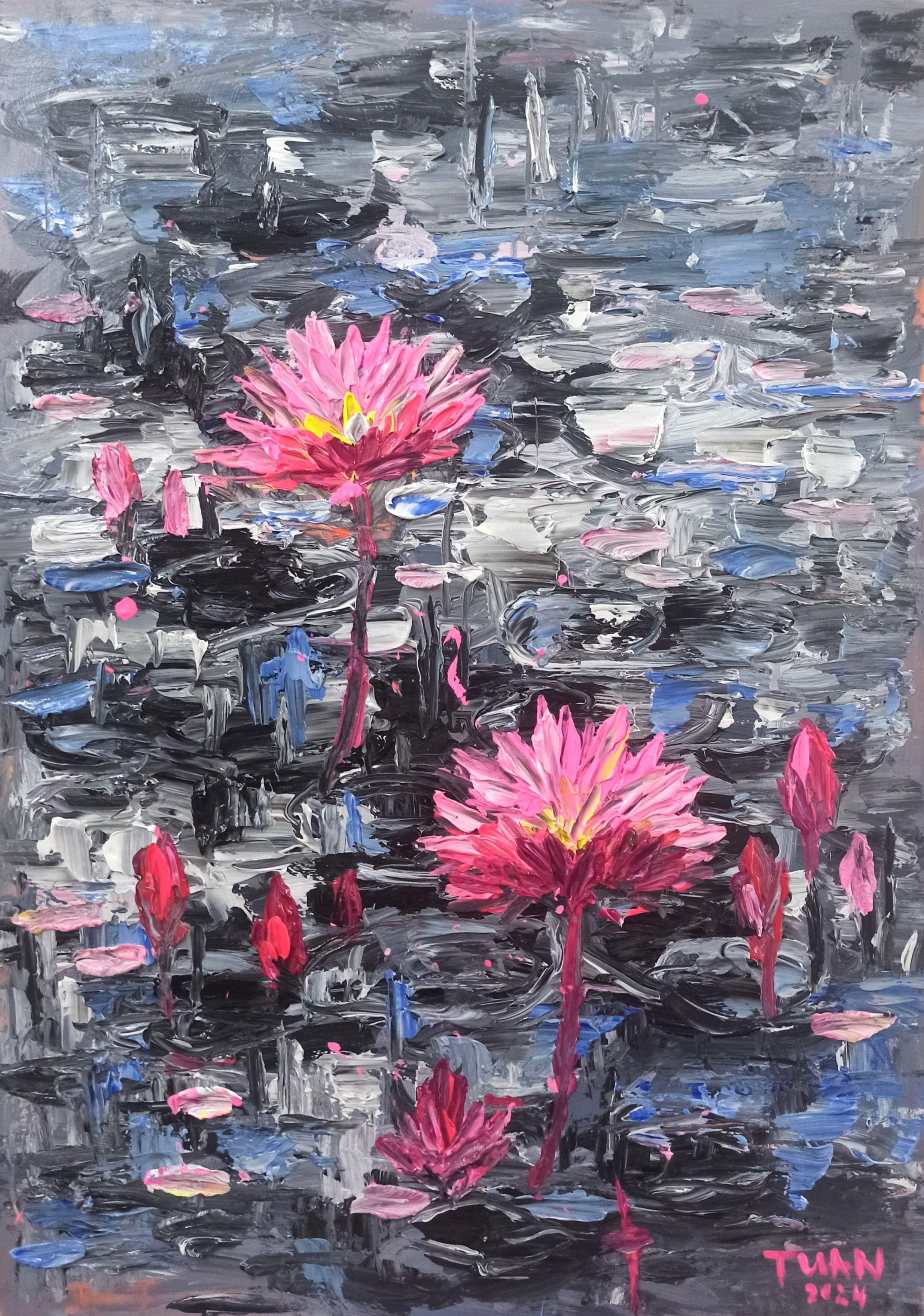 Water lilies shine on the surface of the lake, Painting, Acrylic on Canvas