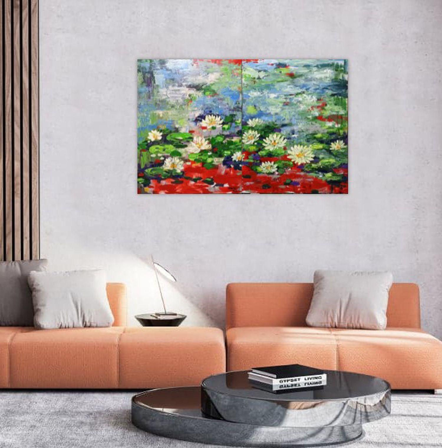 Water lily, Flower of purity ( 2 panel), Painting, Acrylic on Canvas For Sale 2