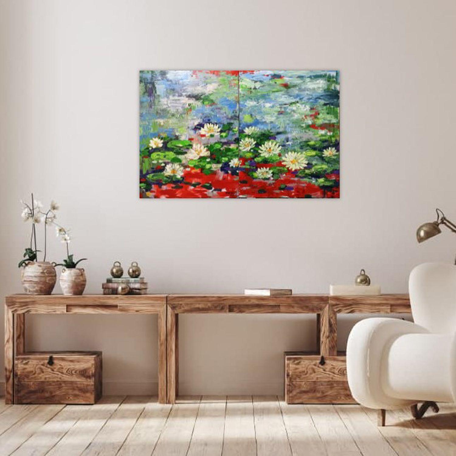 Water lily, Flower of purity ( 2 panel), Painting, Acrylic on Canvas For Sale 3