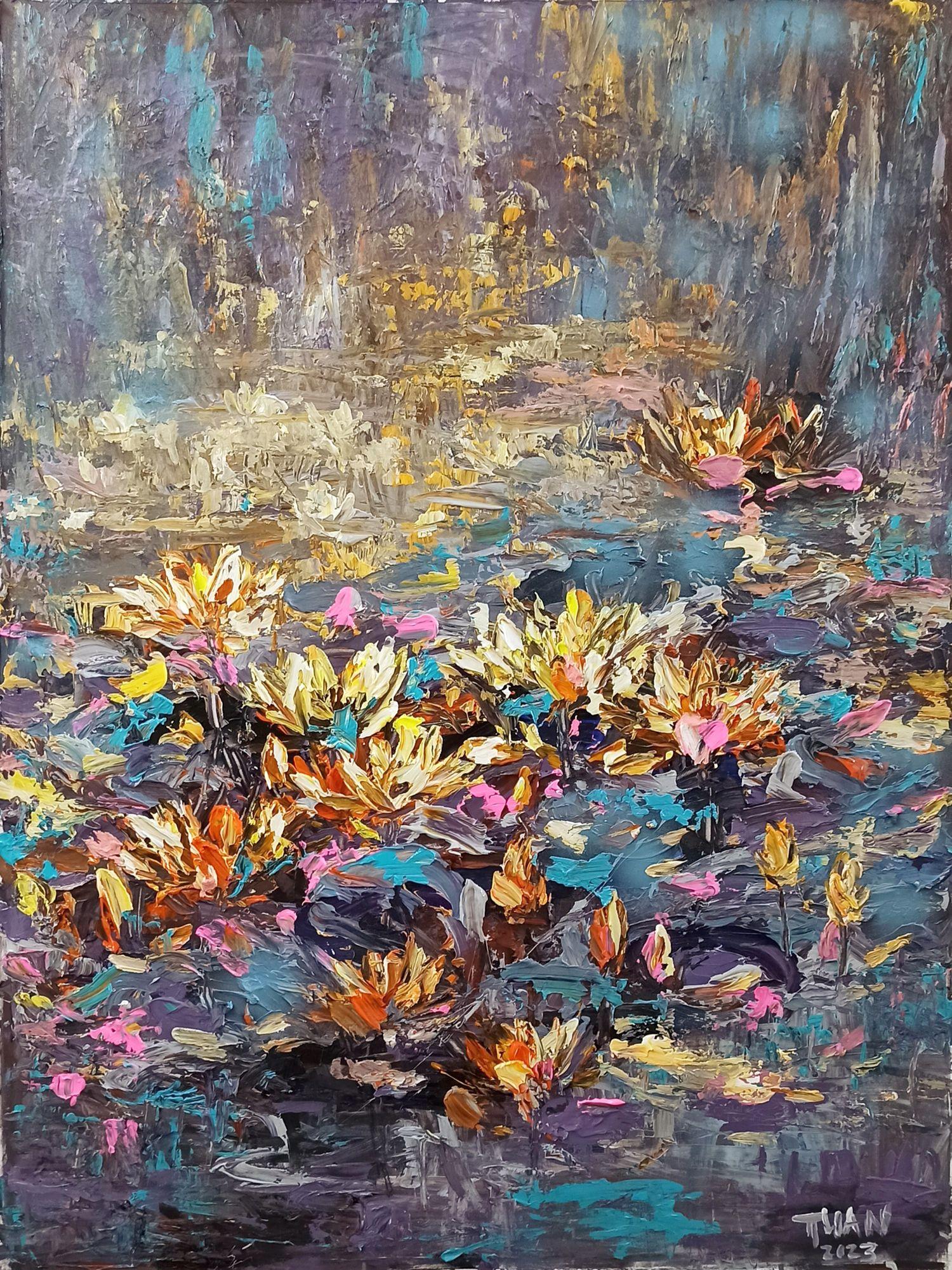Peinture - Lily d'eau, Fleur de pureté, Acrylique sur Toile - Painting de LE ANH TUAN