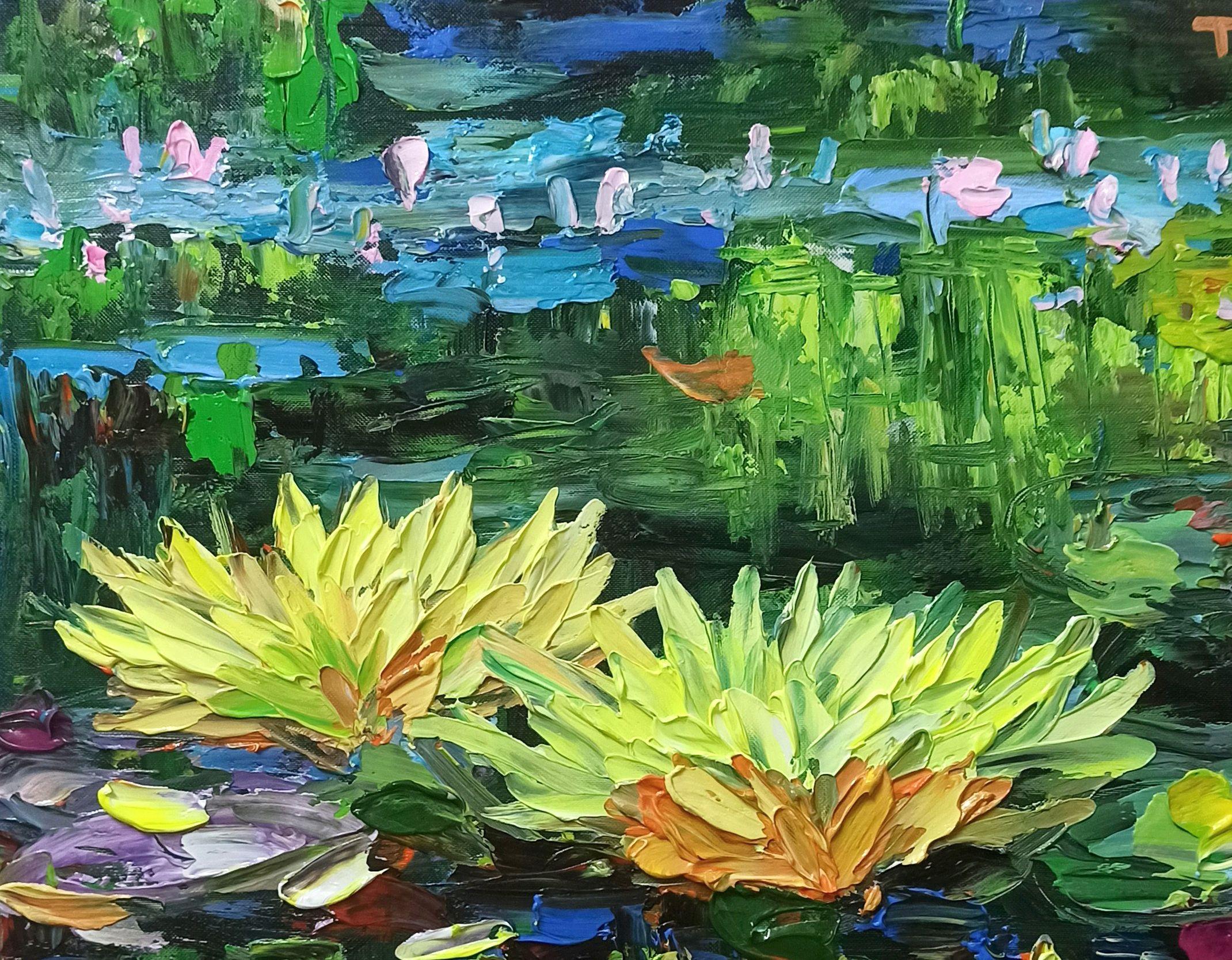 Seerose in voller Blüte, Gemälde, Acryl auf Leinwand im Angebot 1