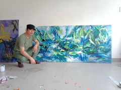 Water lily on the lake ( 3 panel), Painting, Acrylic on Canvas