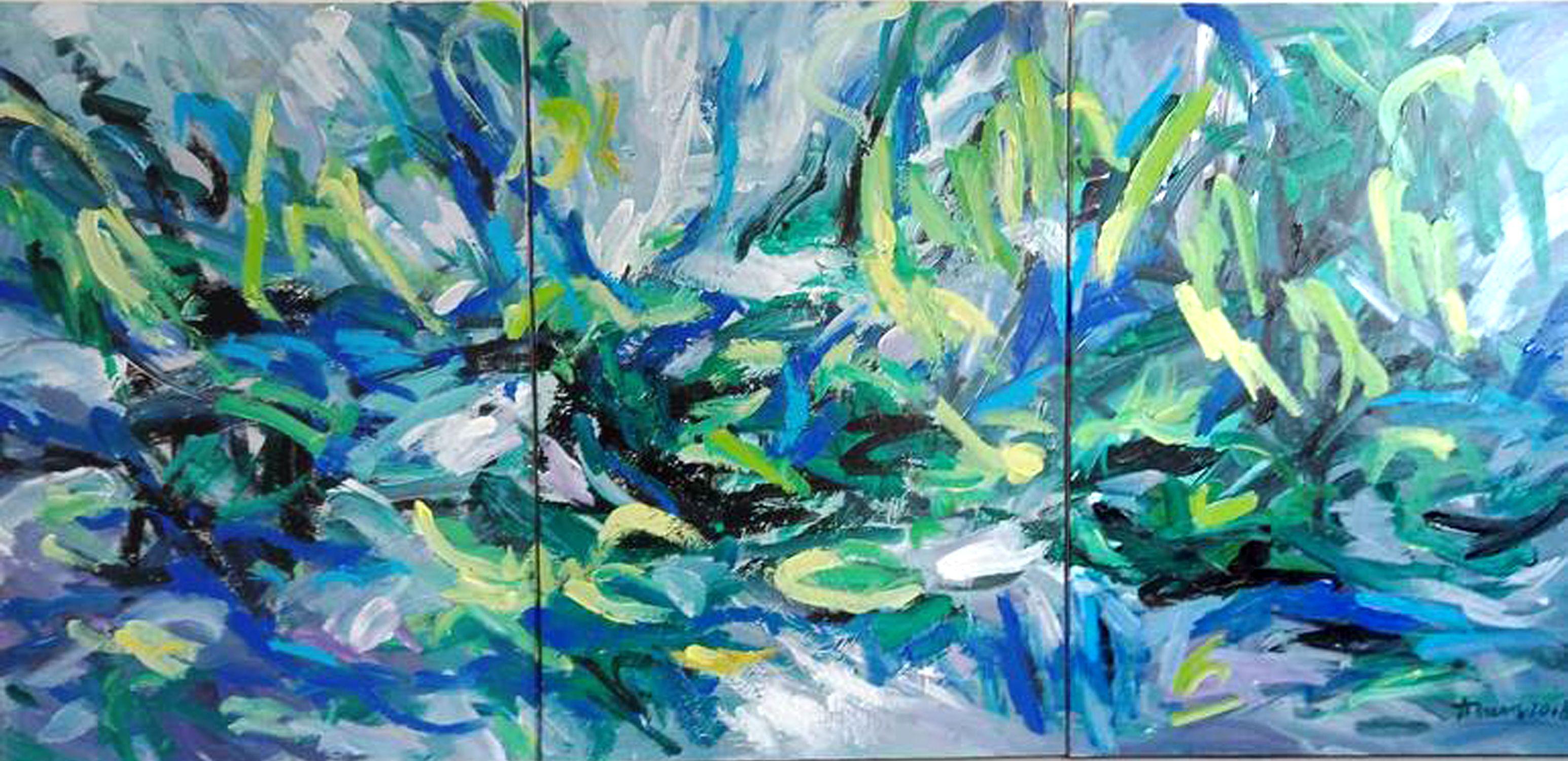 Water lily on the lake ( 3 panel), Painting, Acrylic on Canvas For Sale 1