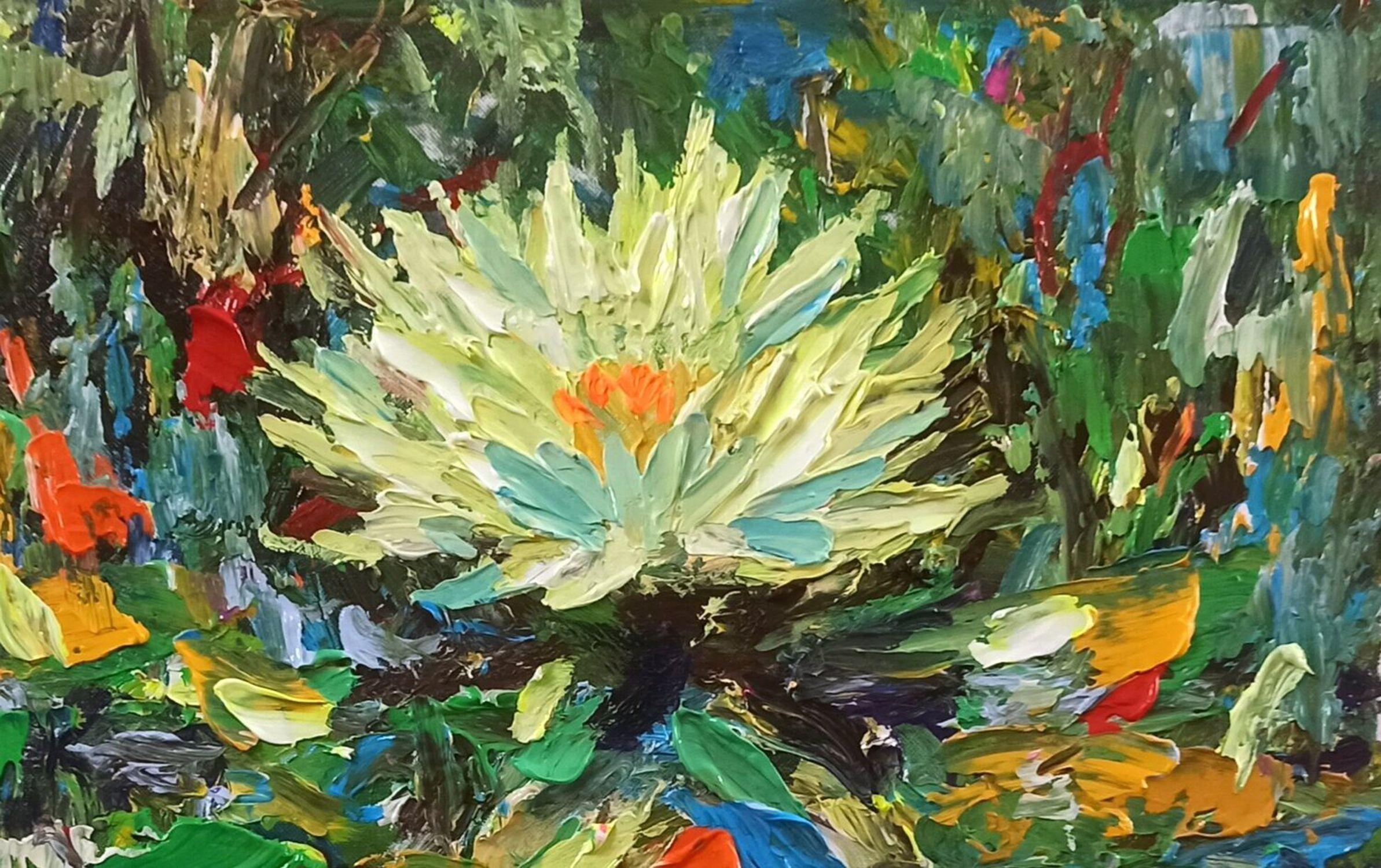 Water lily pond, Painting, Acrylic on Canvas im Angebot 1