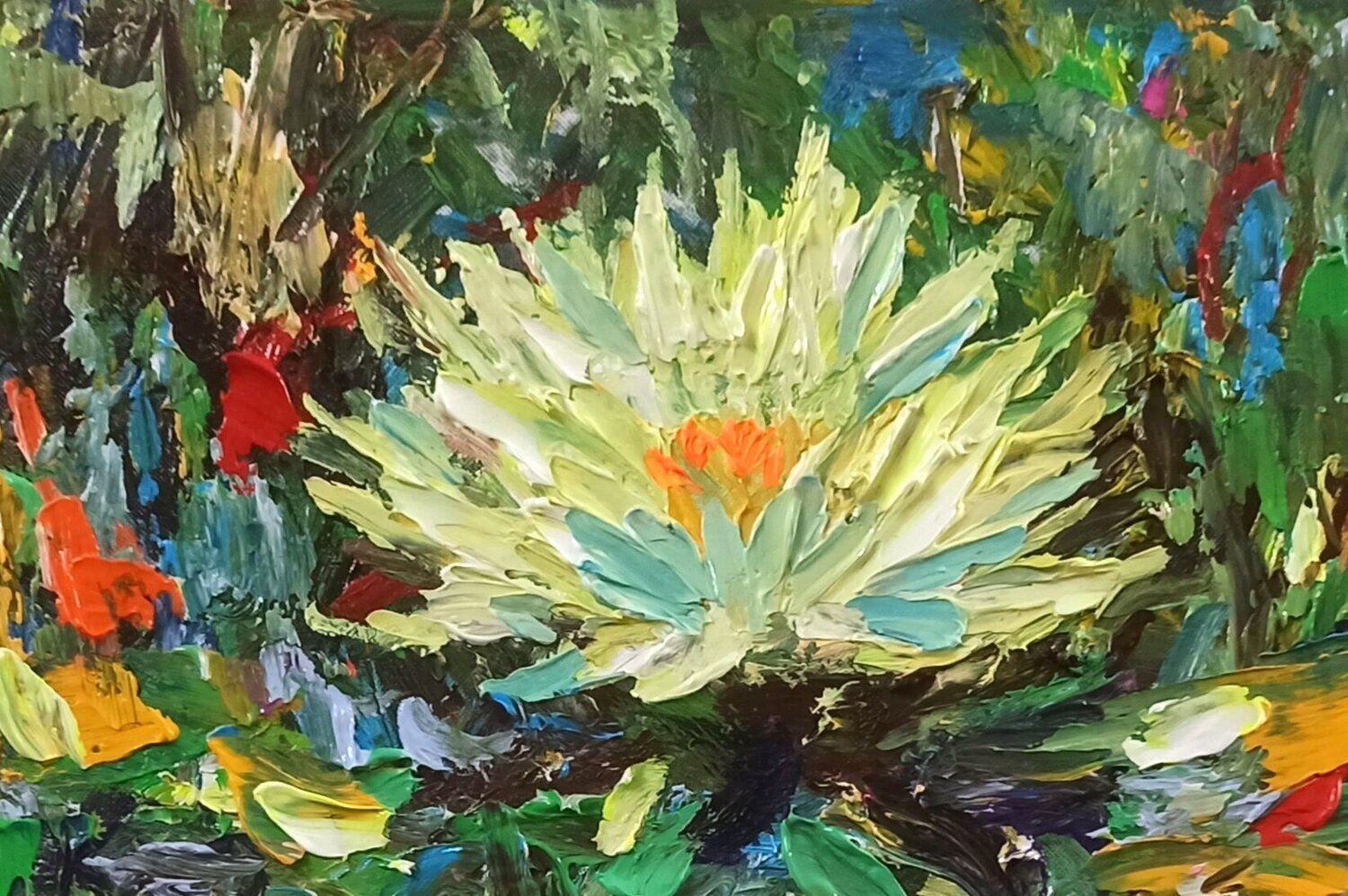 Water lily pond, Painting, Acrylic on Canvas im Angebot 4
