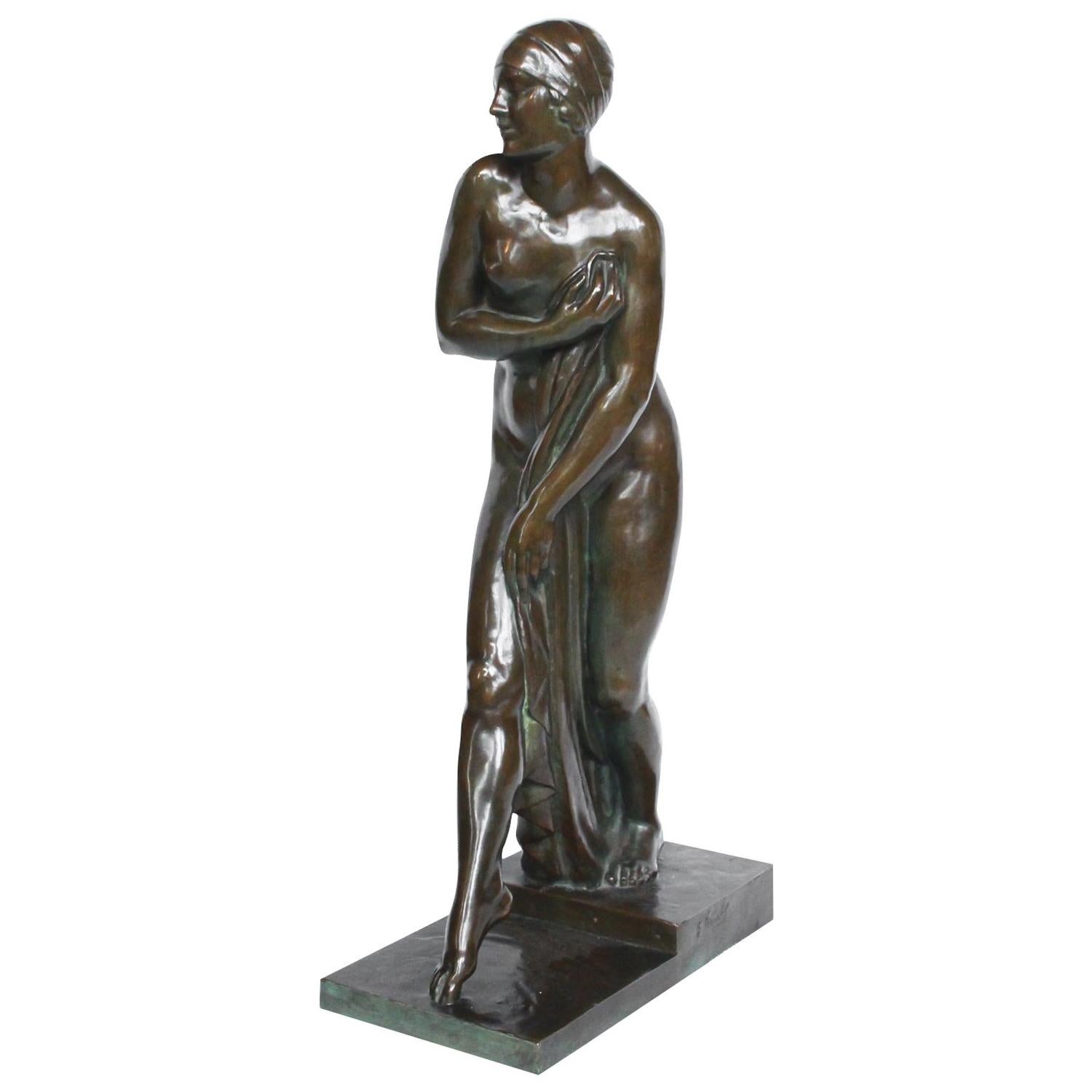 "Le Bain de Champagne Caron" Bronze Sculpture by Georges Chauvel French 1925