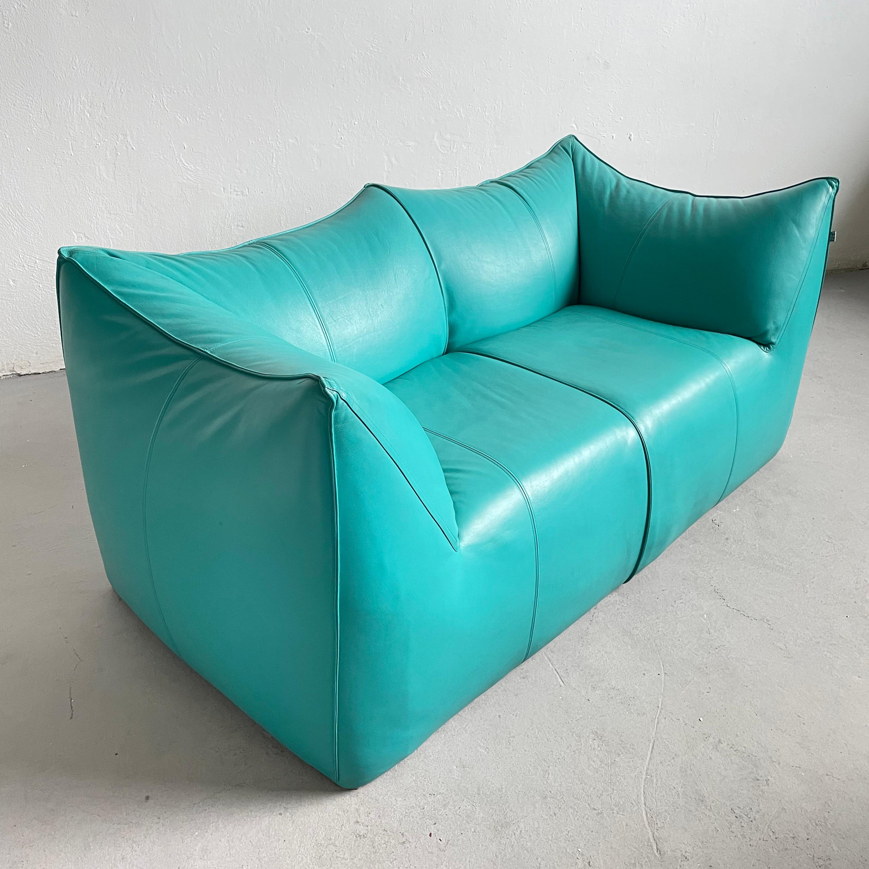Italian Le Bambole 2-Seater Sofa in Turquoise Leather, Mario Bellini for B&B Italia 70s