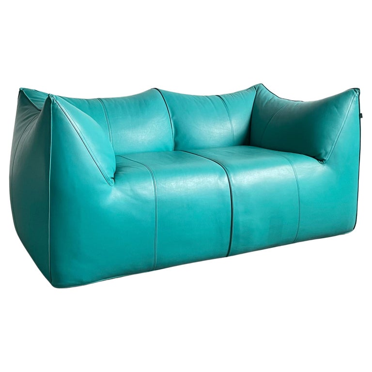Le Bambole 2-Seater Sofa in Turquoise Leather, Mario Bellini for B&B Italia 70s For Sale