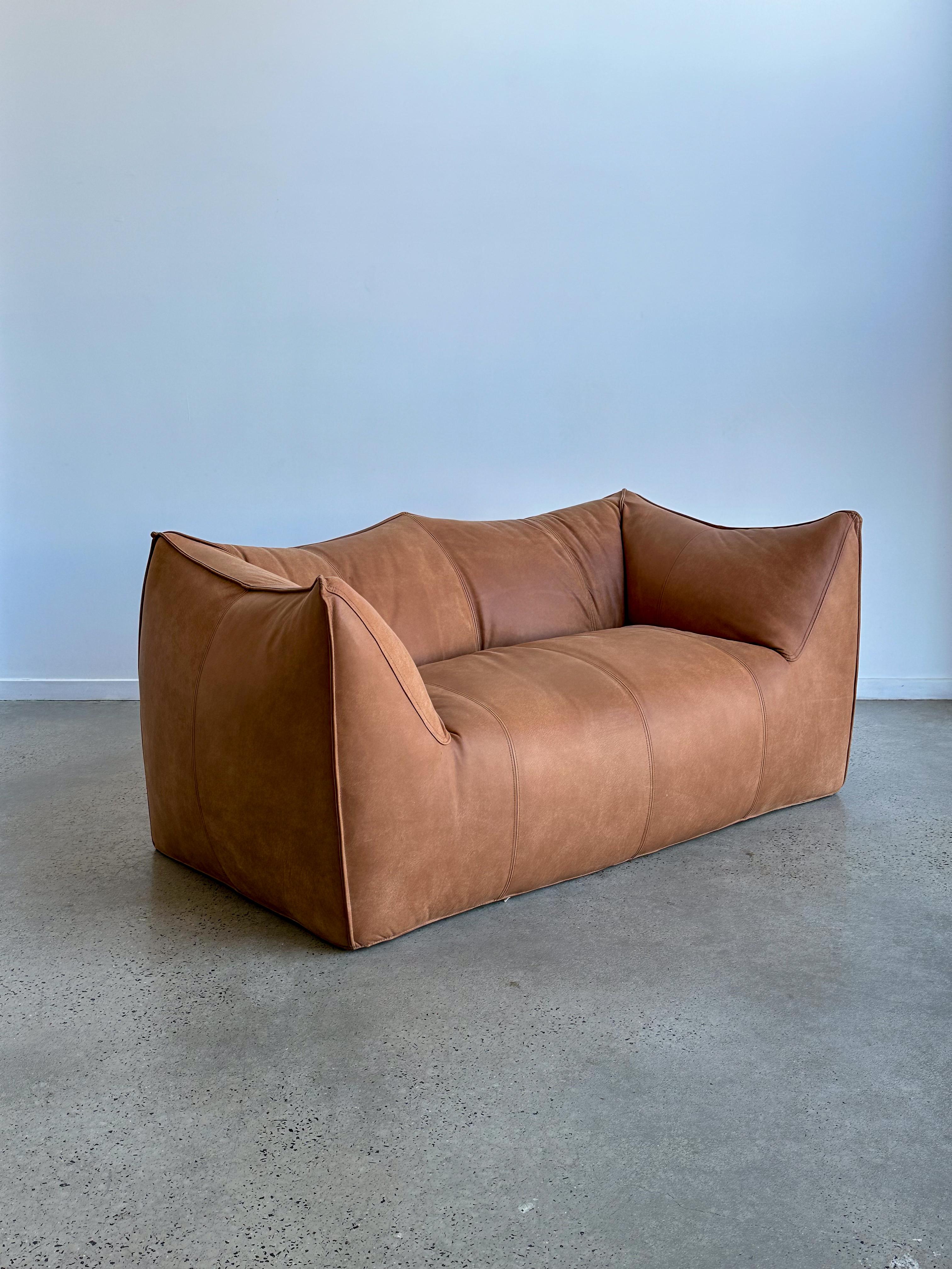 Set of two also sold separately. 
Mario Bellini for C&B Italia, 'Le Bambole' sofa, brown patinated leather, Italy, 1972. This piece is one of the very rare prototypes or early editions, and still 100% original, read on. In the Bambole, the piece is