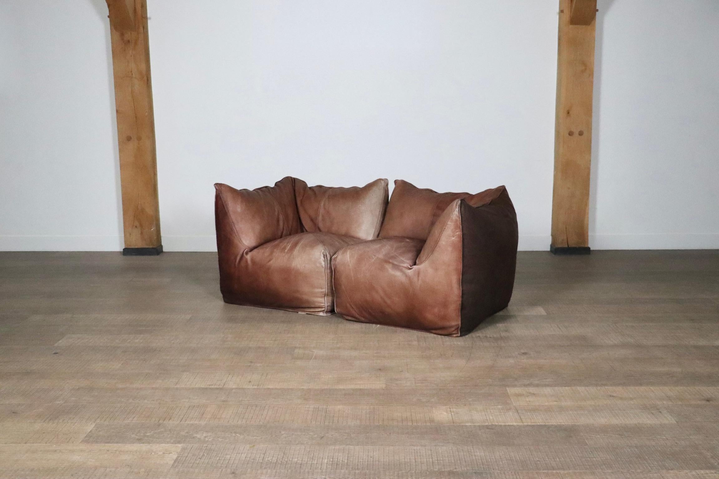 Le Bambole Modular Sofa In Light Brown Buffalo Leather, Mario Bellini B&B Italia For Sale 6