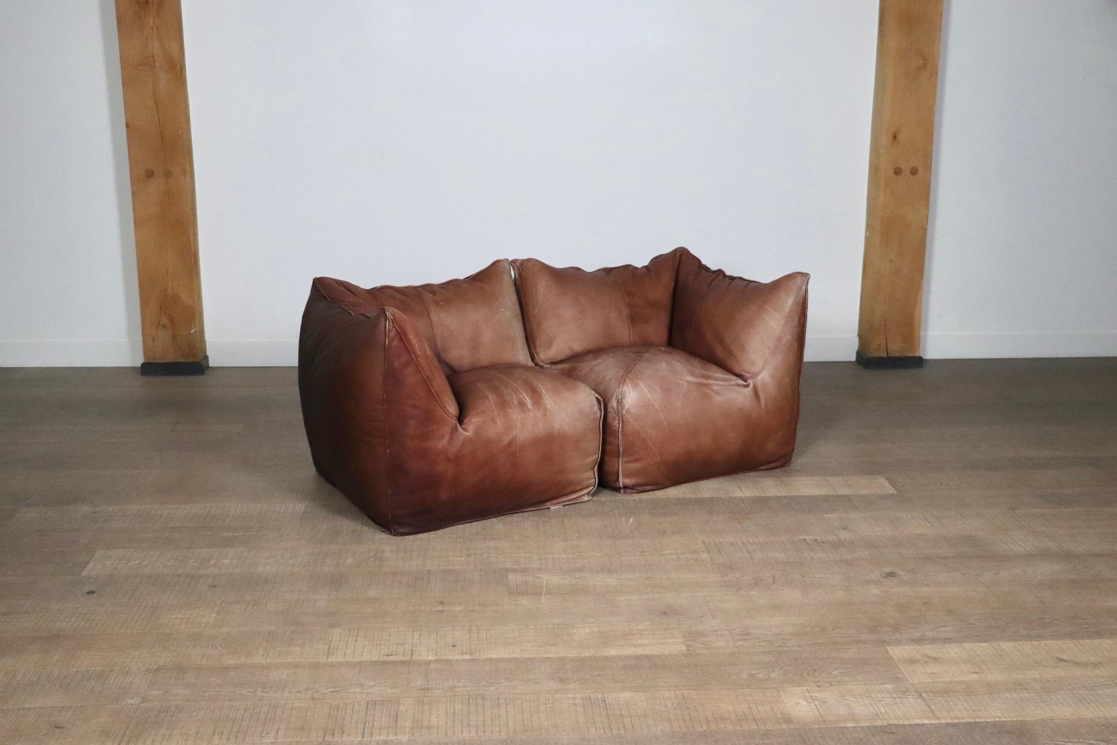 Le Bambole Modular Sofa In Light Brown Buffalo Leather, Mario Bellini B&B Italia For Sale 1