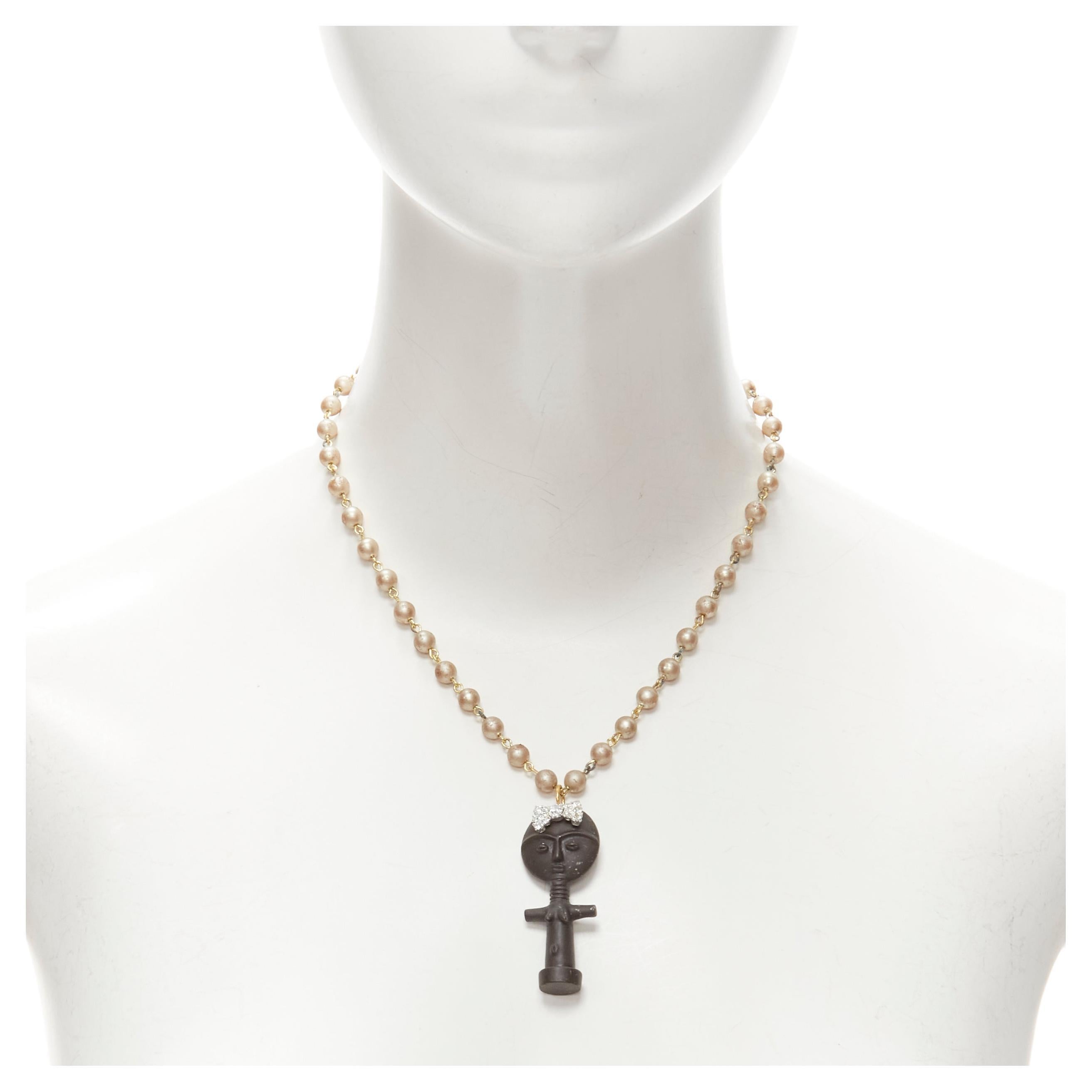 LE BIJOUX DE SOPHIE black crystal aboriginal statue pearl chain necklace For Sale