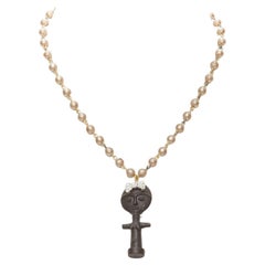 LE BIJOUX DE SOPHIE black crystal aboriginal statue pearl chain necklace