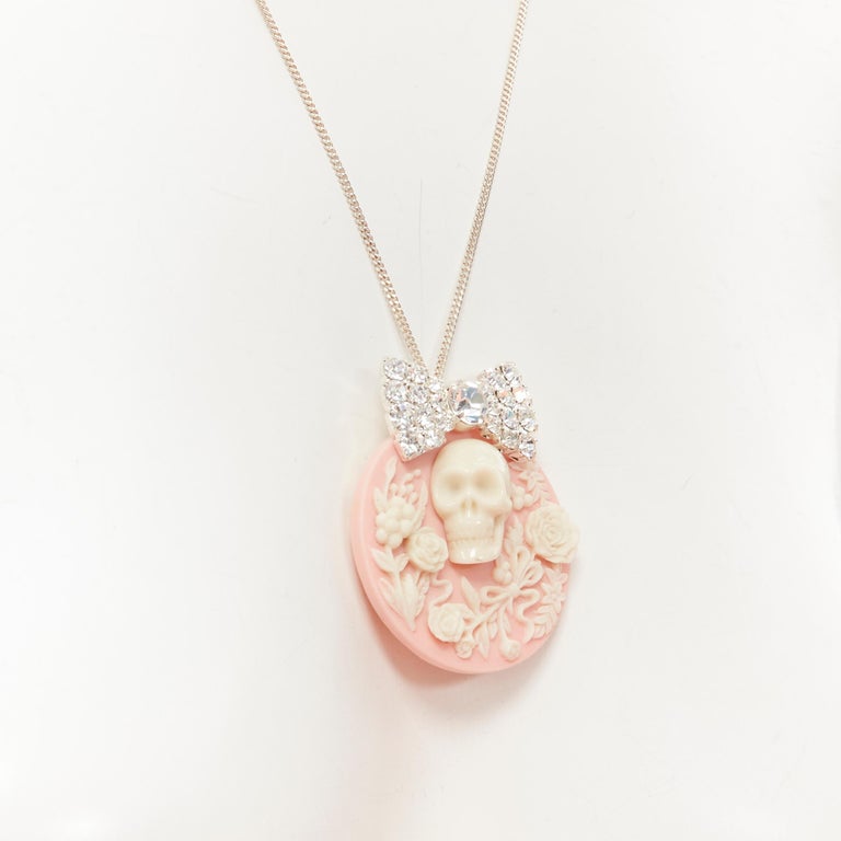 LE BIJOUX DE SOPHIE pink Barocco skull crystal bow pendant silver necklace  For Sale at 1stDibs