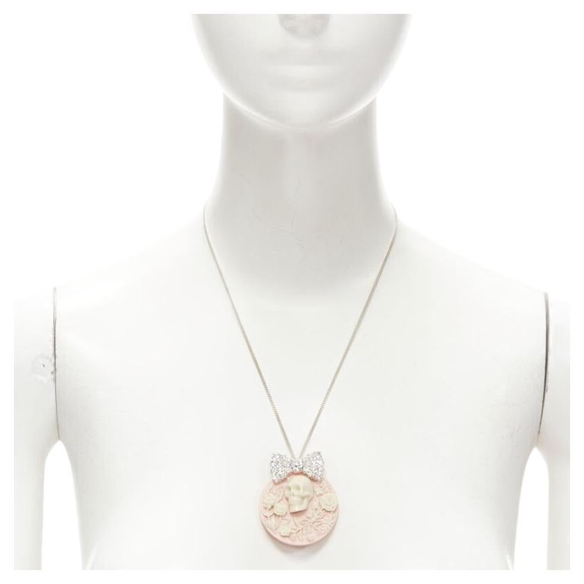 LE BIJOUX DE SOPHIE pink Barocco skull crystal bow pendant silver necklace For Sale